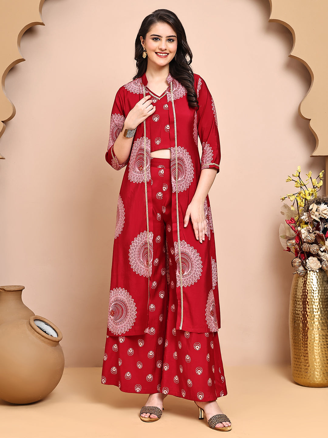 Red Colour V-Neck Ethnic Printed Co-Ord Set with Palazzo & Jacket for Women