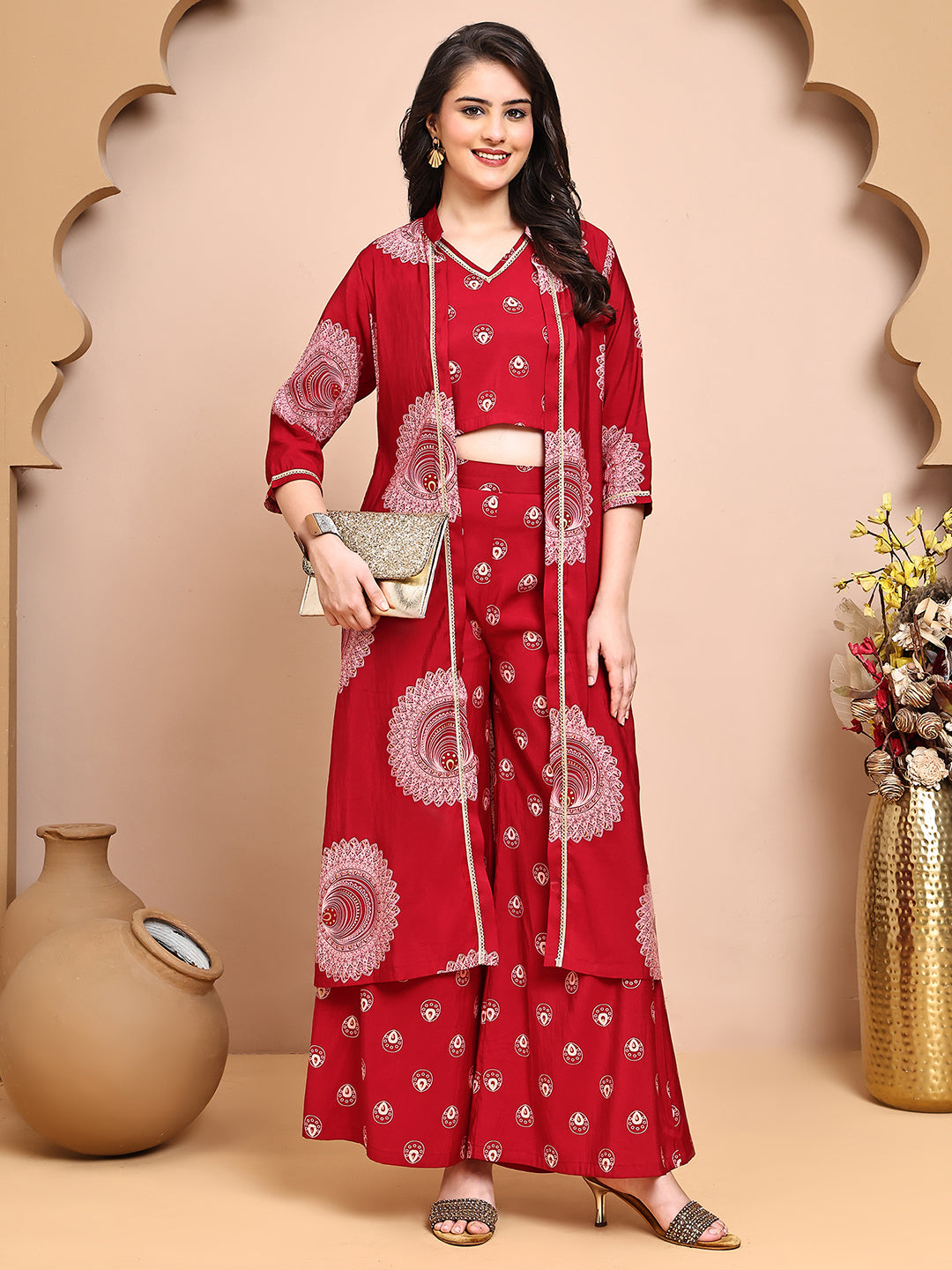 Red Colour V-Neck Ethnic Printed Co-Ord Set with Palazzo & Jacket for Women