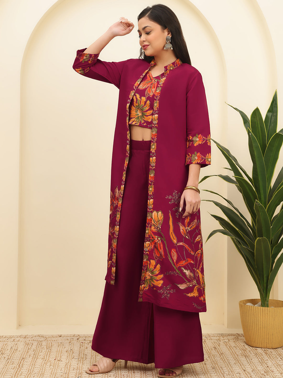 Red Floral Printed Chanderi Silk Co-Ord Set for Women | Claura