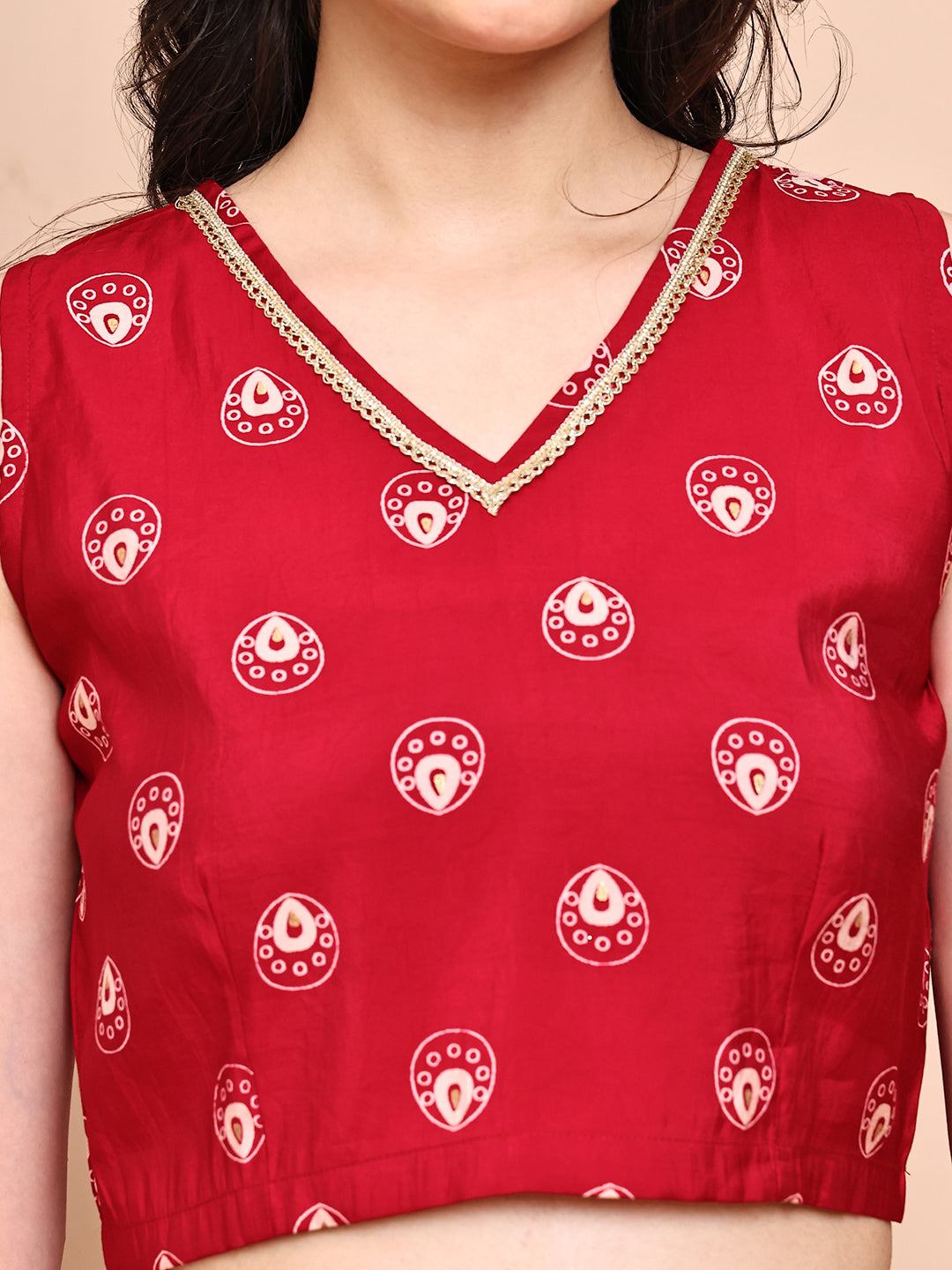 Red Colour V-Neck Ethnic Printed Co-Ord Set with Palazzo & Jacket for Women