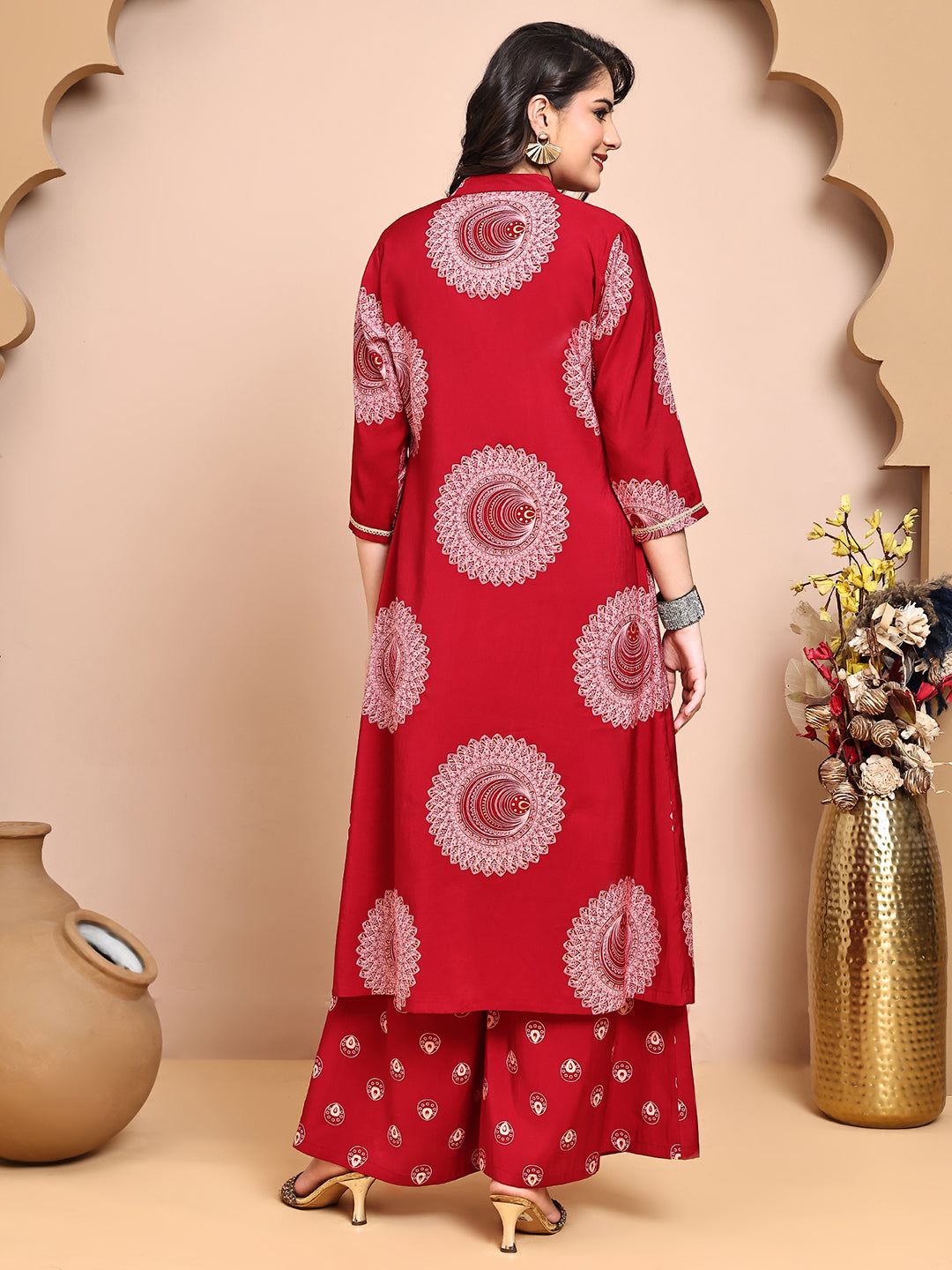 Red Colour V-Neck Ethnic Printed Co-Ord Set with Palazzo & Jacket for Women