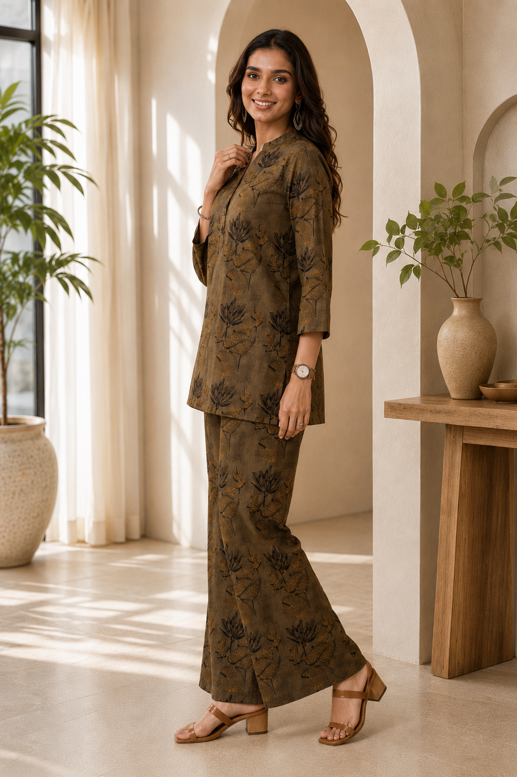 Brown Cotton Printed Tunic with Palazzos Co-Ord Set | Claura