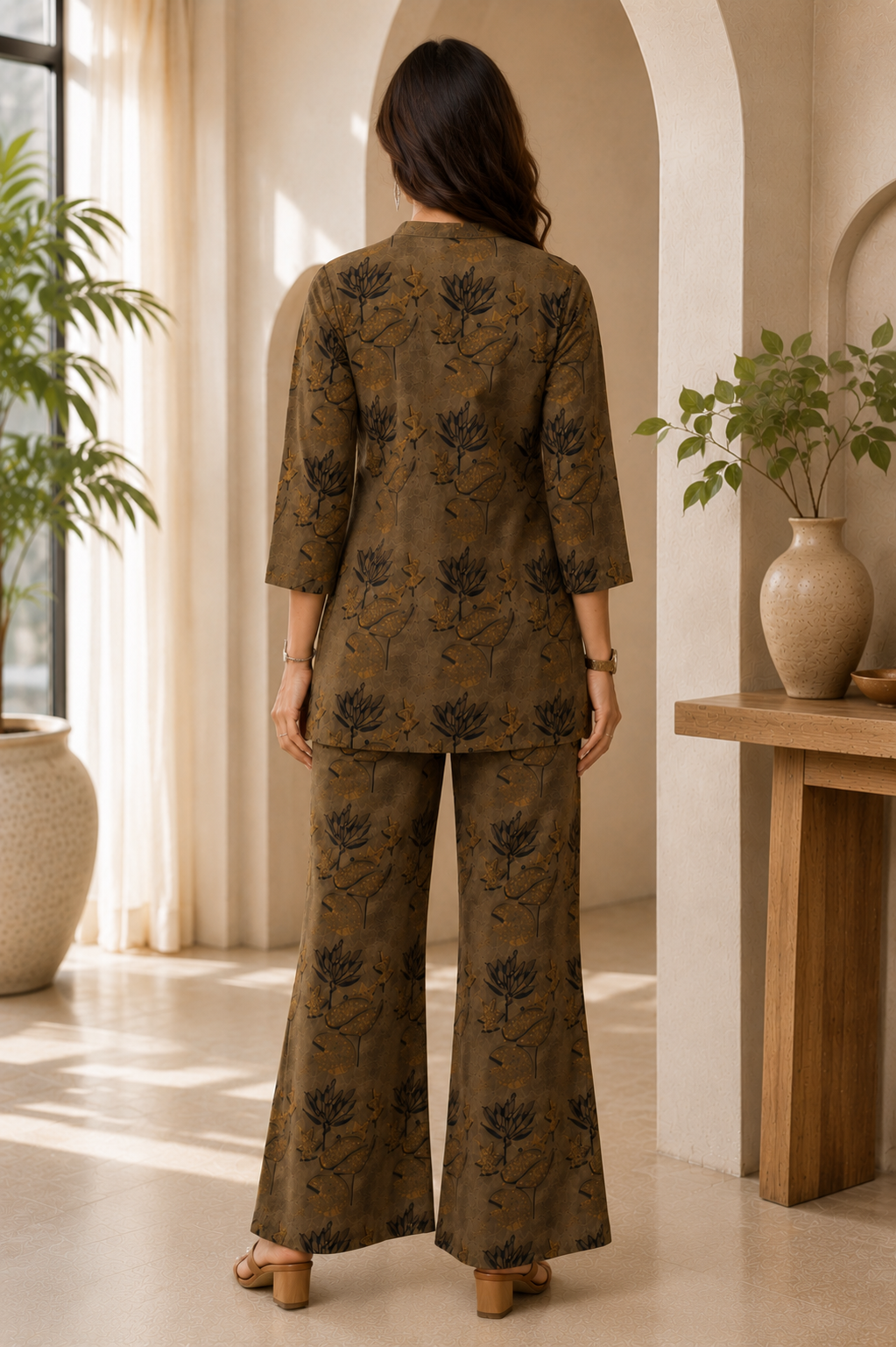 Brown Cotton Printed Tunic with Palazzos Co-Ord Set | Claura