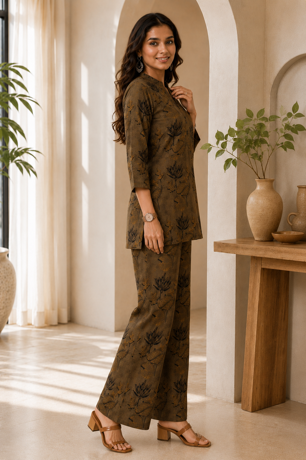 Brown Cotton Printed Tunic with Palazzos Co-Ord Set | Claura