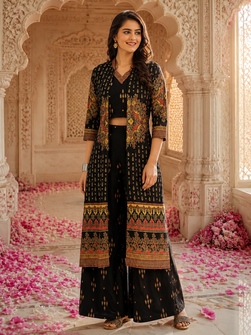 Black Ethnic Printed Viscose Rayon Co-Ord Set for Women | Claura