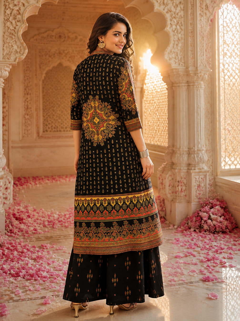 Black Ethnic Printed Viscose Rayon Co-Ord Set for Women | Claura