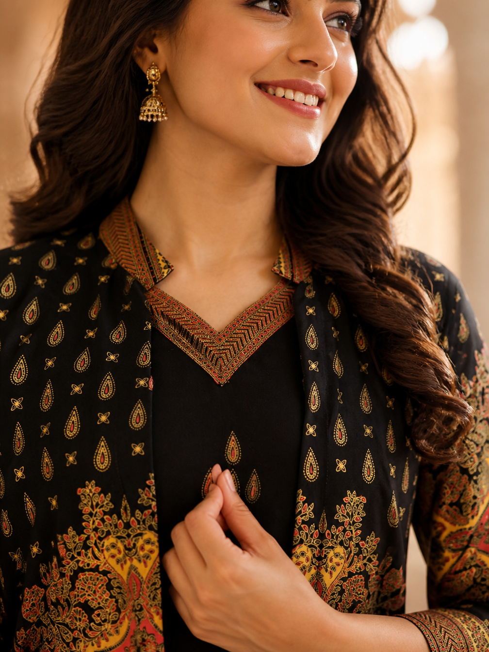 Black Ethnic Printed Viscose Rayon Co-Ord Set for Women | Claura