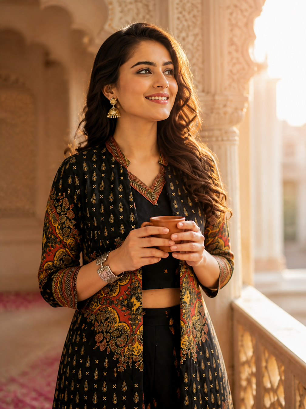 Black Ethnic Printed Viscose Rayon Co-Ord Set for Women | Claura