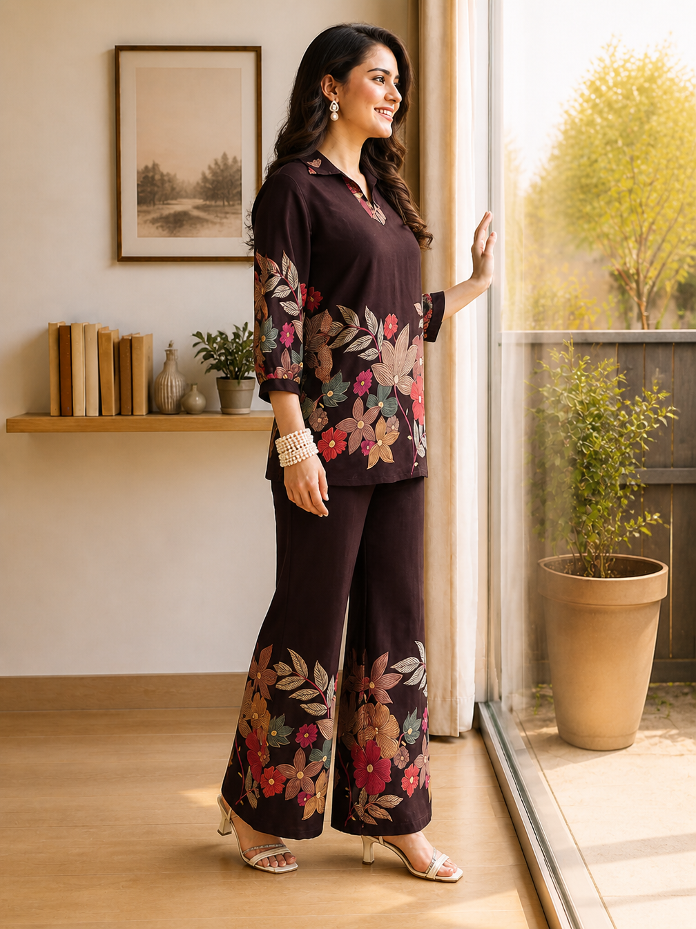 Coffee Brown Floral Chanderi Co-Ord Set with Collared Top | Claura