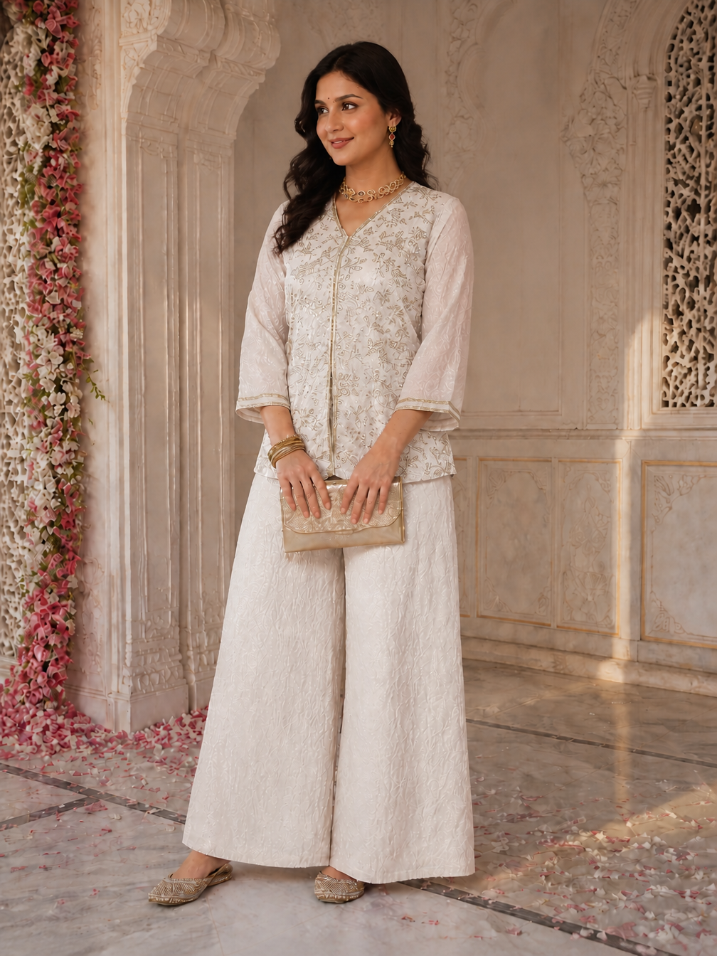 Elegant White Embroidered V-Neck Tunic with Palazzo Set | Claura