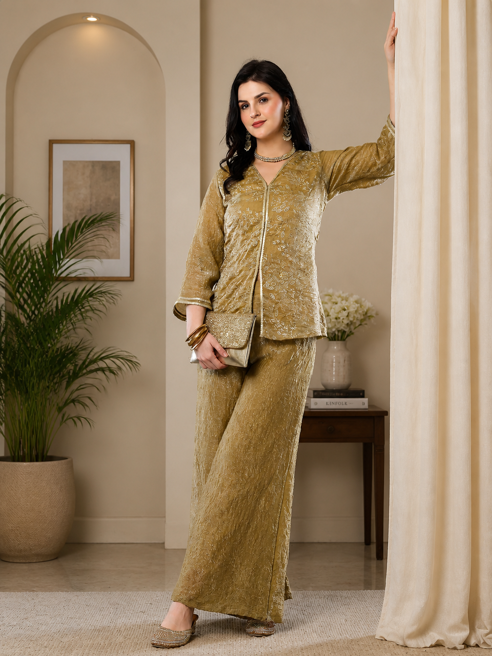 Elegant  Gold-Toned Embroidered V-Neck Tunic with Palazzo Set | Claura