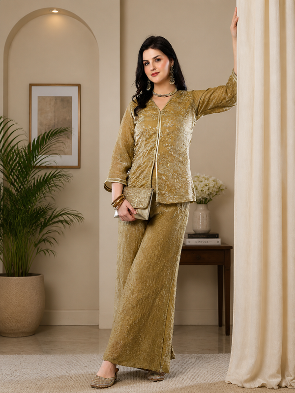 Elegant Gold-Toned Embroidered V-Neck Tunic with Palazzo
