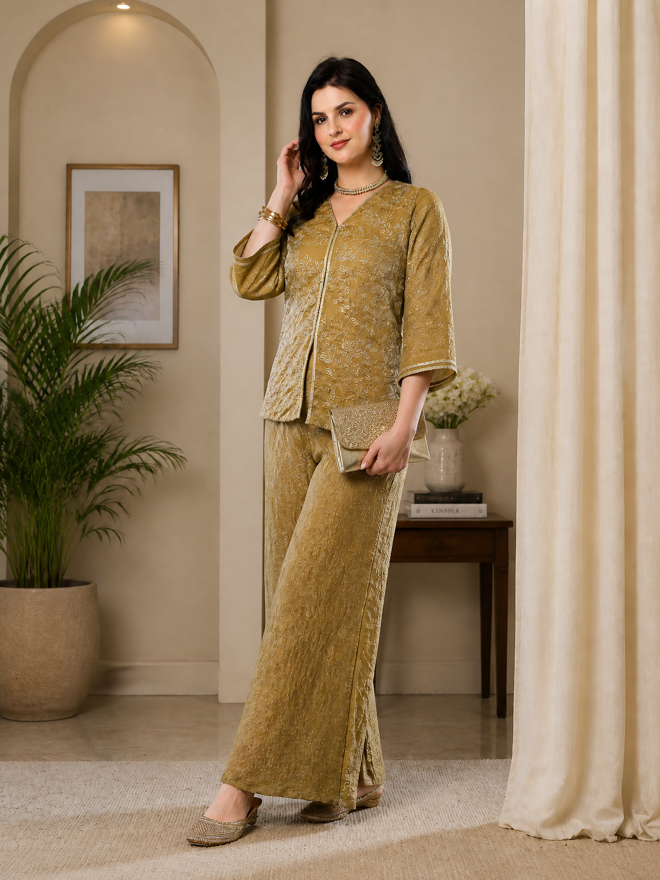 Elegant  Gold-Toned Embroidered V-Neck Tunic with Palazzo Set | Claura