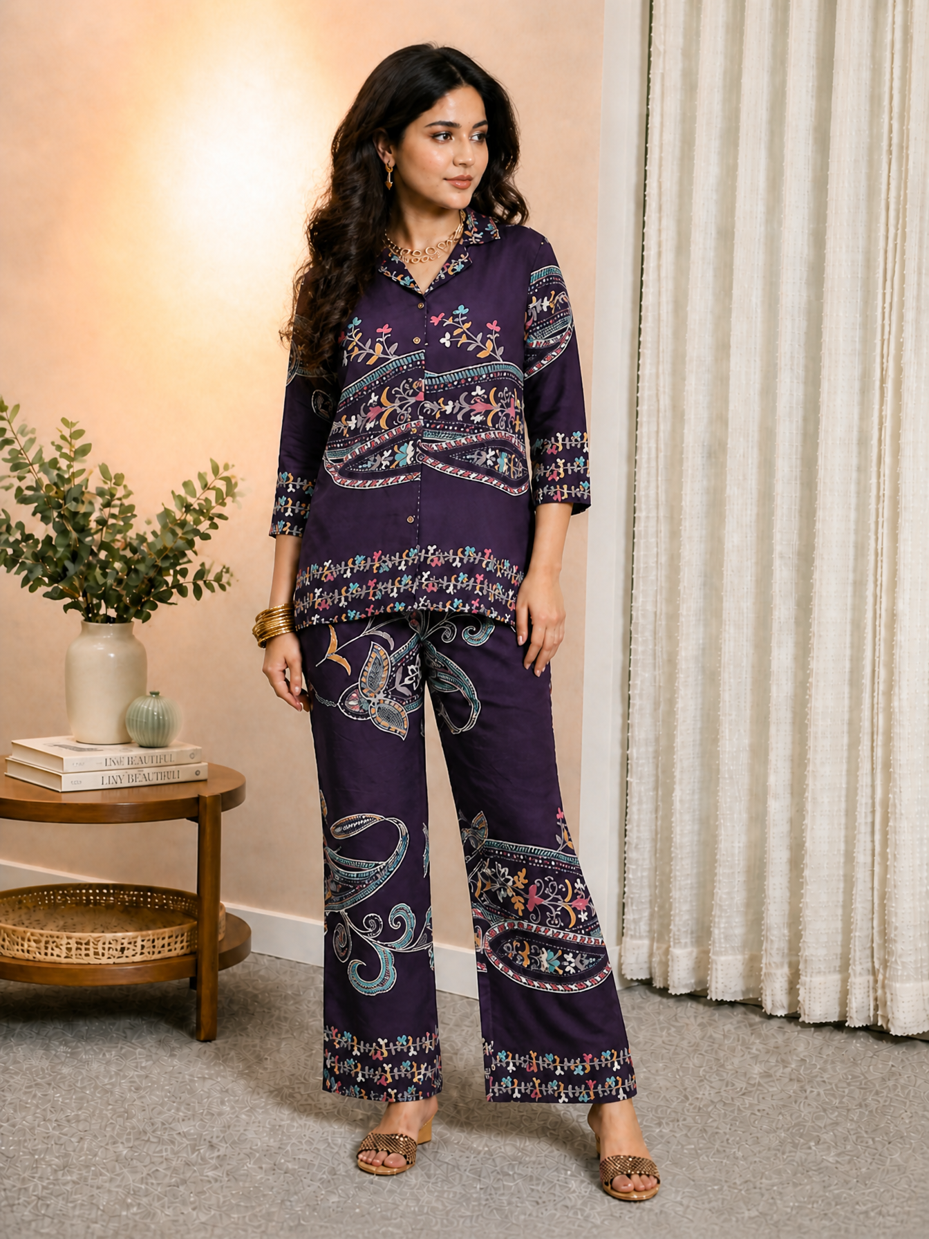 Purple Abstract Printed Chanderi Silk Tunic & Trousers Co-Ord Set for Women | Claura