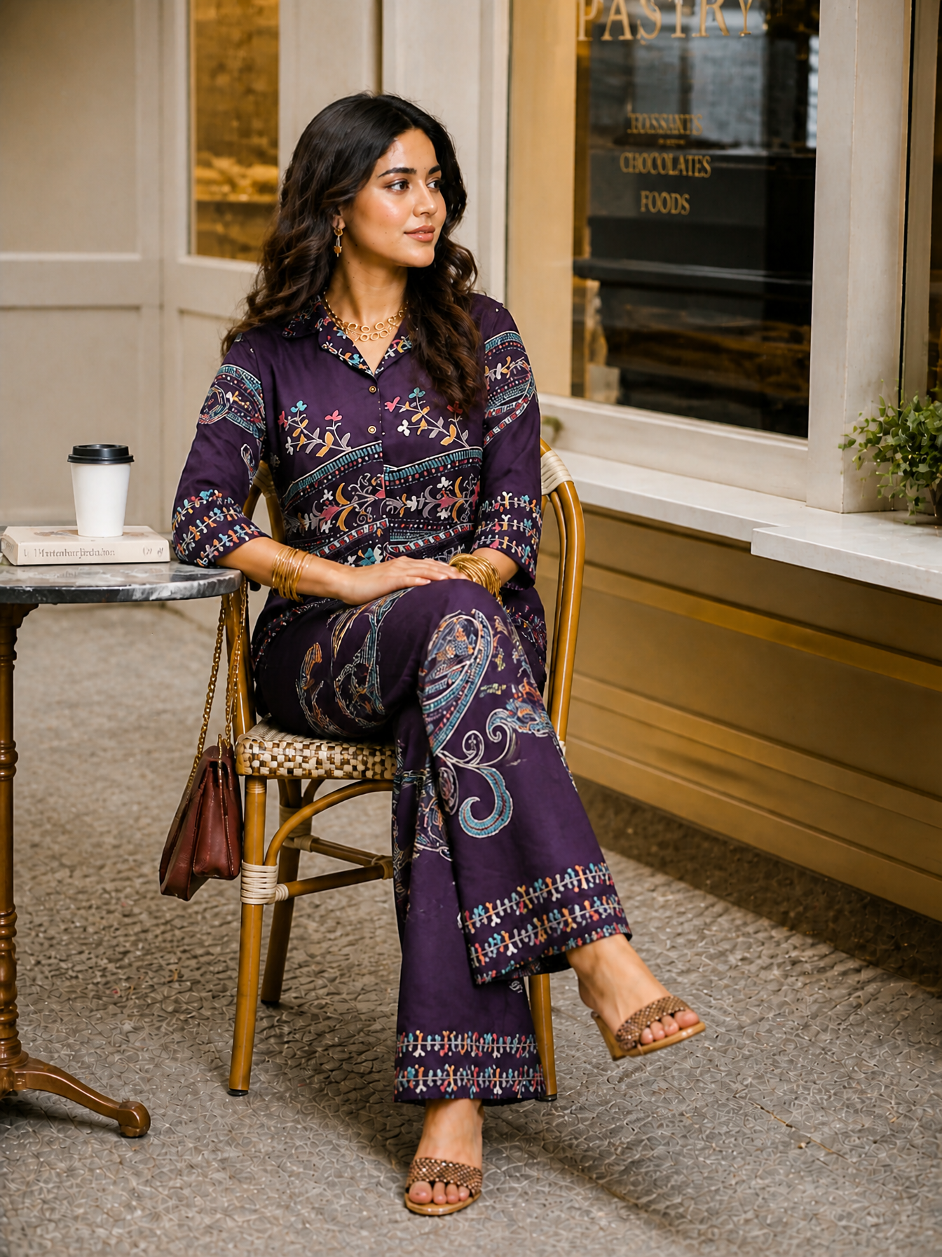 Purple Abstract Printed Chanderi Silk Tunic & Trousers Co-Ord Set for Women | Claura