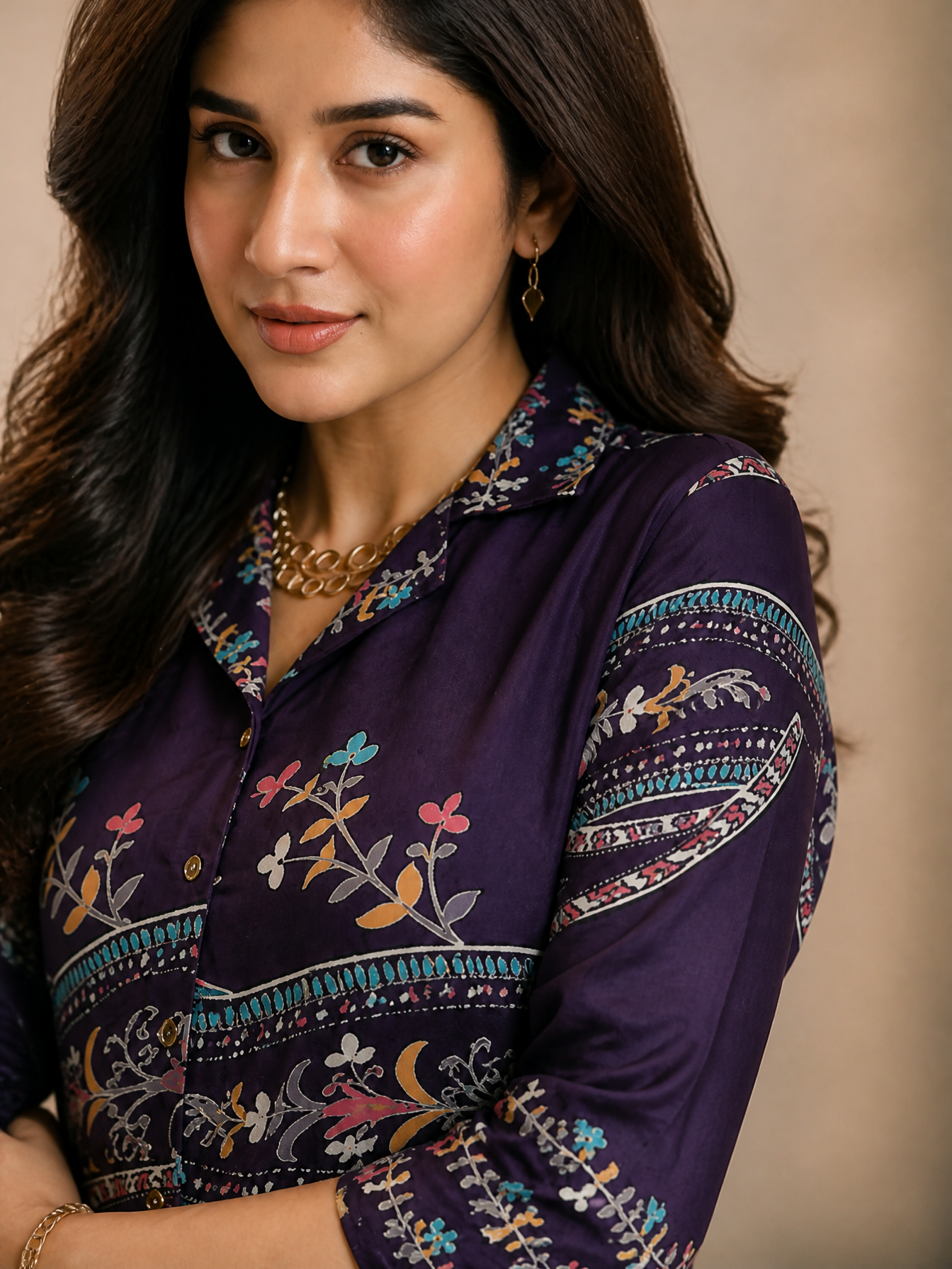 Purple Abstract Printed Chanderi Silk Tunic & Trousers Co-Ord Set for Women | Claura
