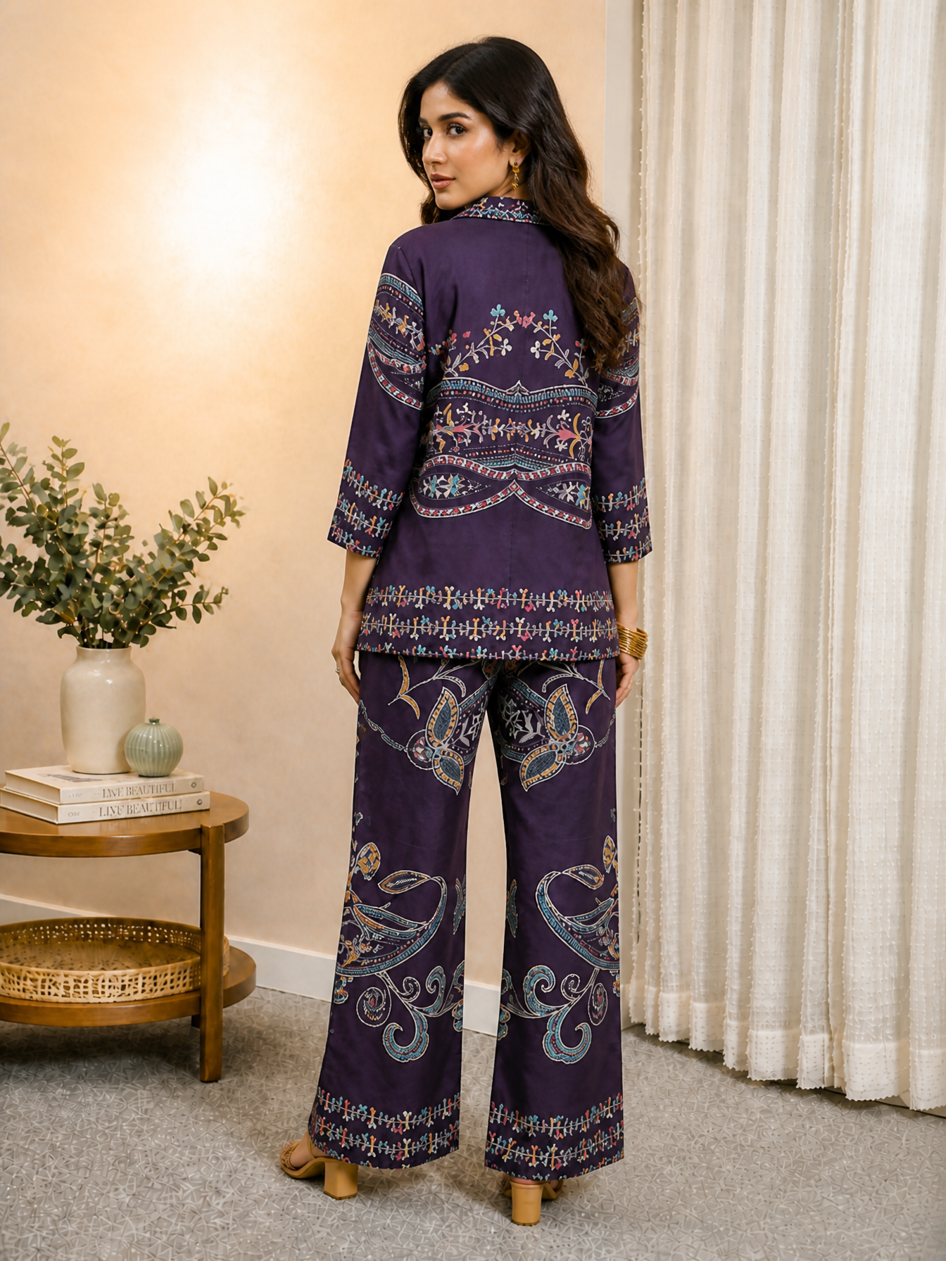 Purple Abstract Printed Chanderi Silk Tunic & Trousers Co-Ord Set for Women | Claura