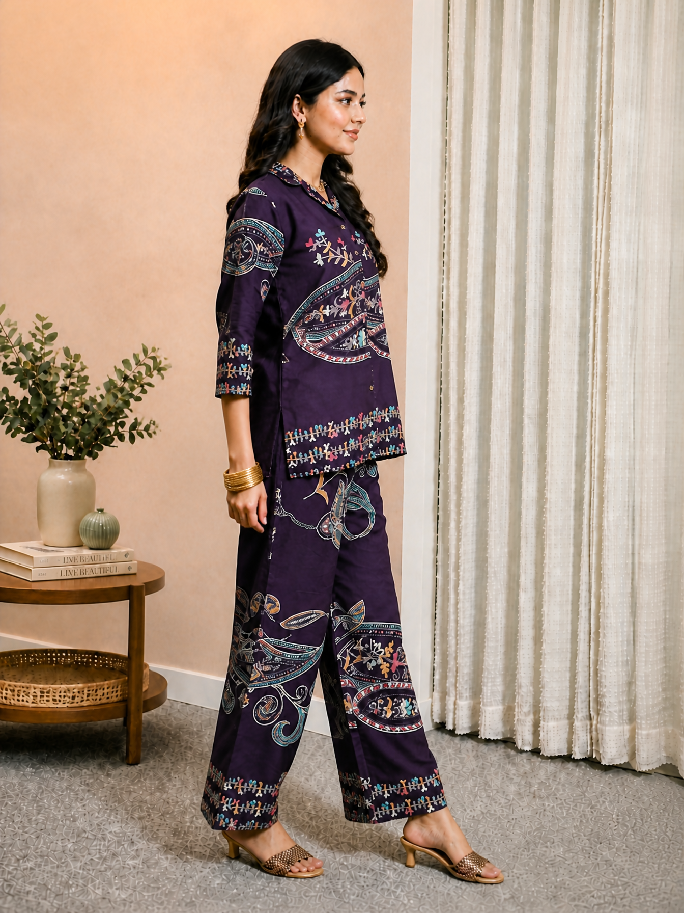 Purple Abstract Printed Chanderi Silk Tunic & Trousers Co-Ord Set for Women | Claura