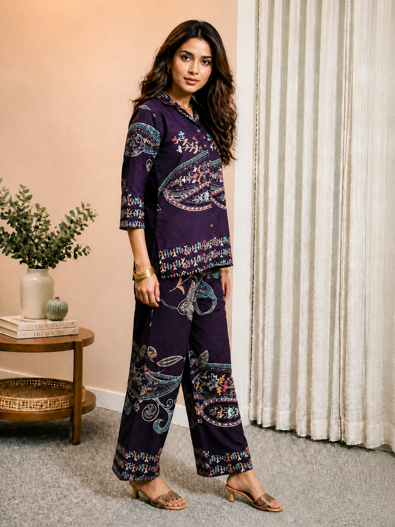 Purple Abstract Printed Chanderi Silk Tunic & Trousers Co-Ord Set for Women | Claura