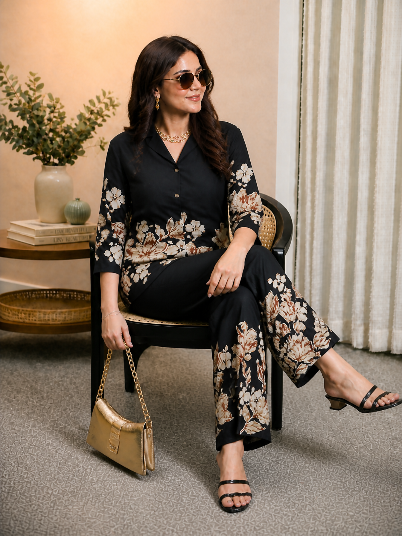 Black Chanderi Silk Floral Co-Ord Set for Women | Claura