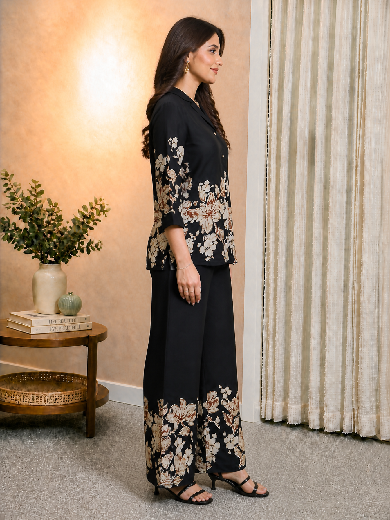 Black Chanderi Silk Floral Co-Ord Set for Women | Claura