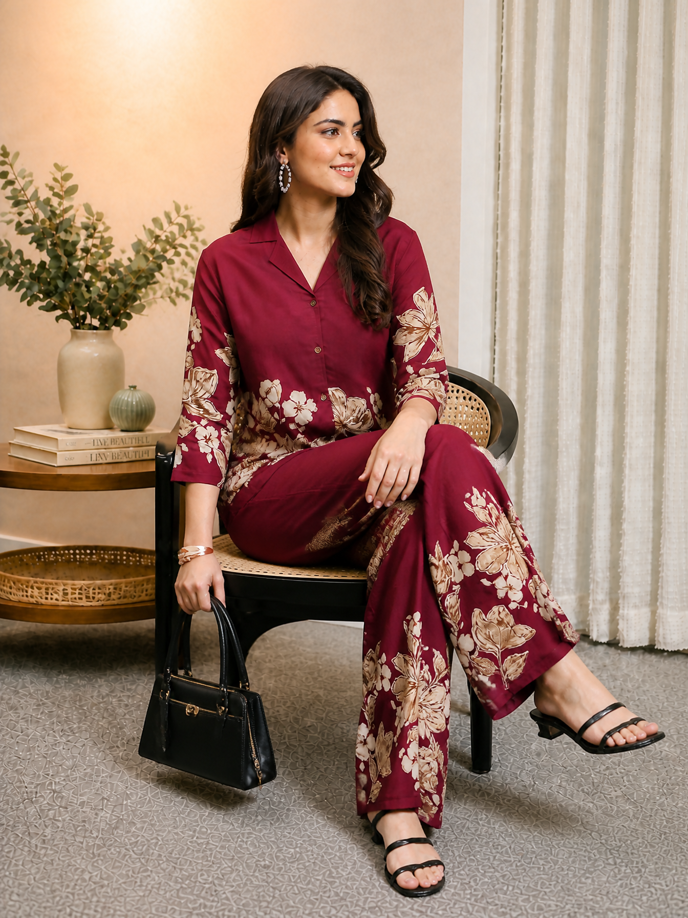 Wine Floral Printed Chanderi Silk Co-Ord Set for Women | Claura