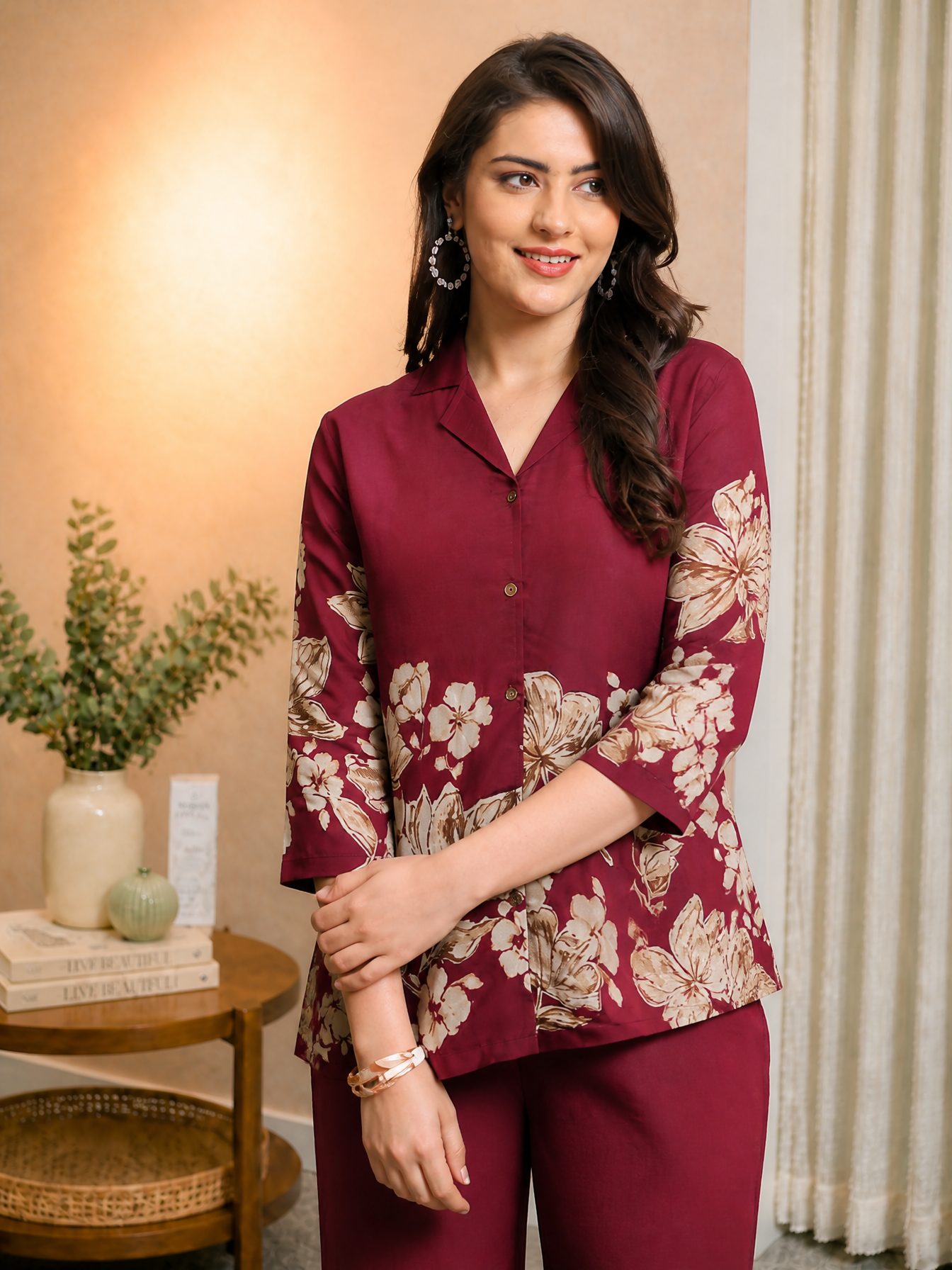 Wine Floral Printed Chanderi Silk Co-Ord Set for Women | Claura