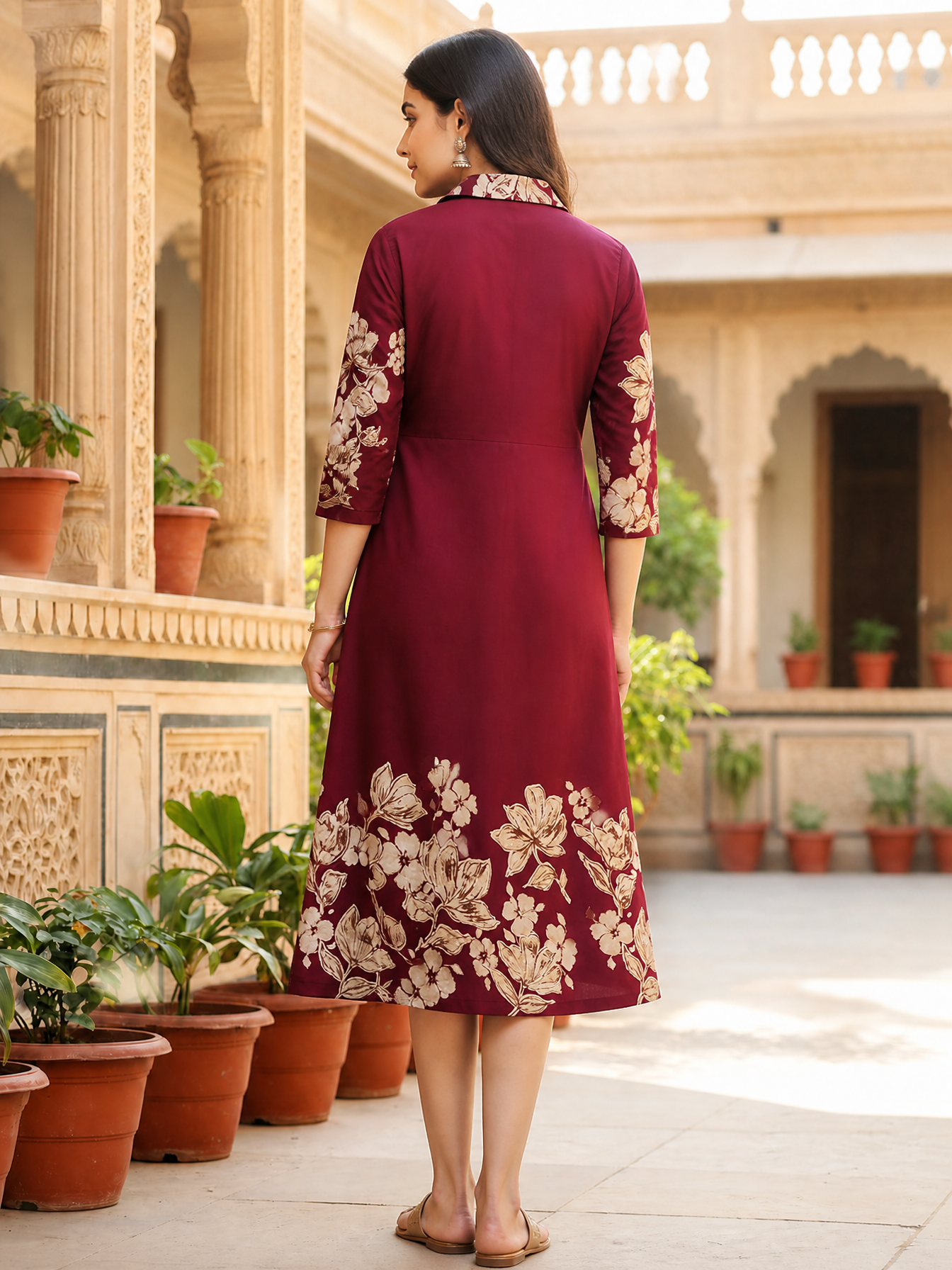 Wine Chanderi Floral Style Ethnic Dress for Women| Claura
