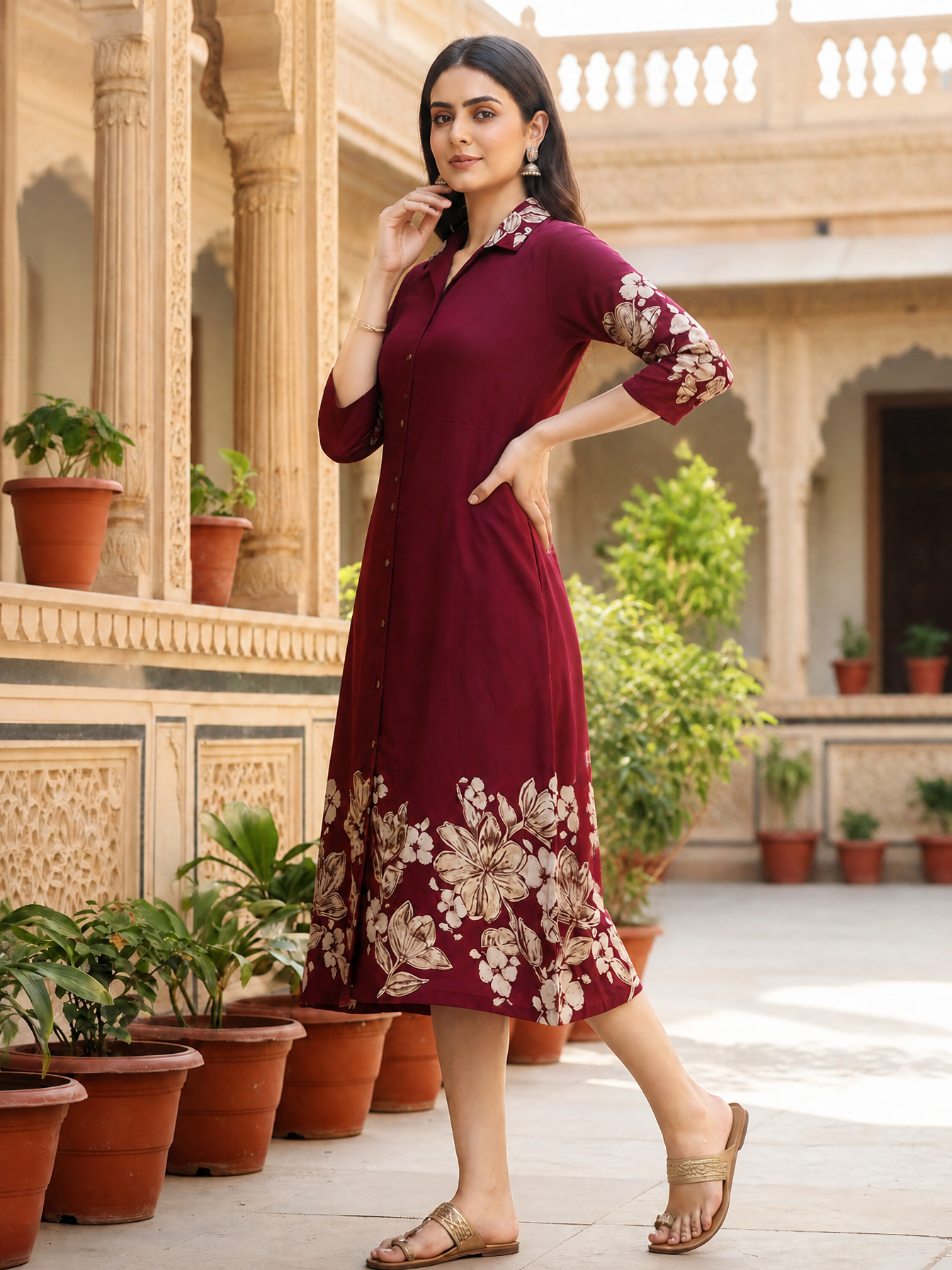 Wine Chanderi Floral Style Ethnic Dress for Women| Claura