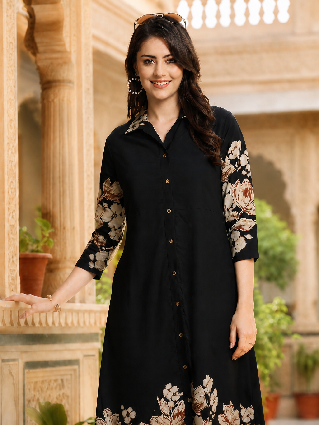 Black Floral Printed Chanderi Silk A-Line Dress for Women | Claura
