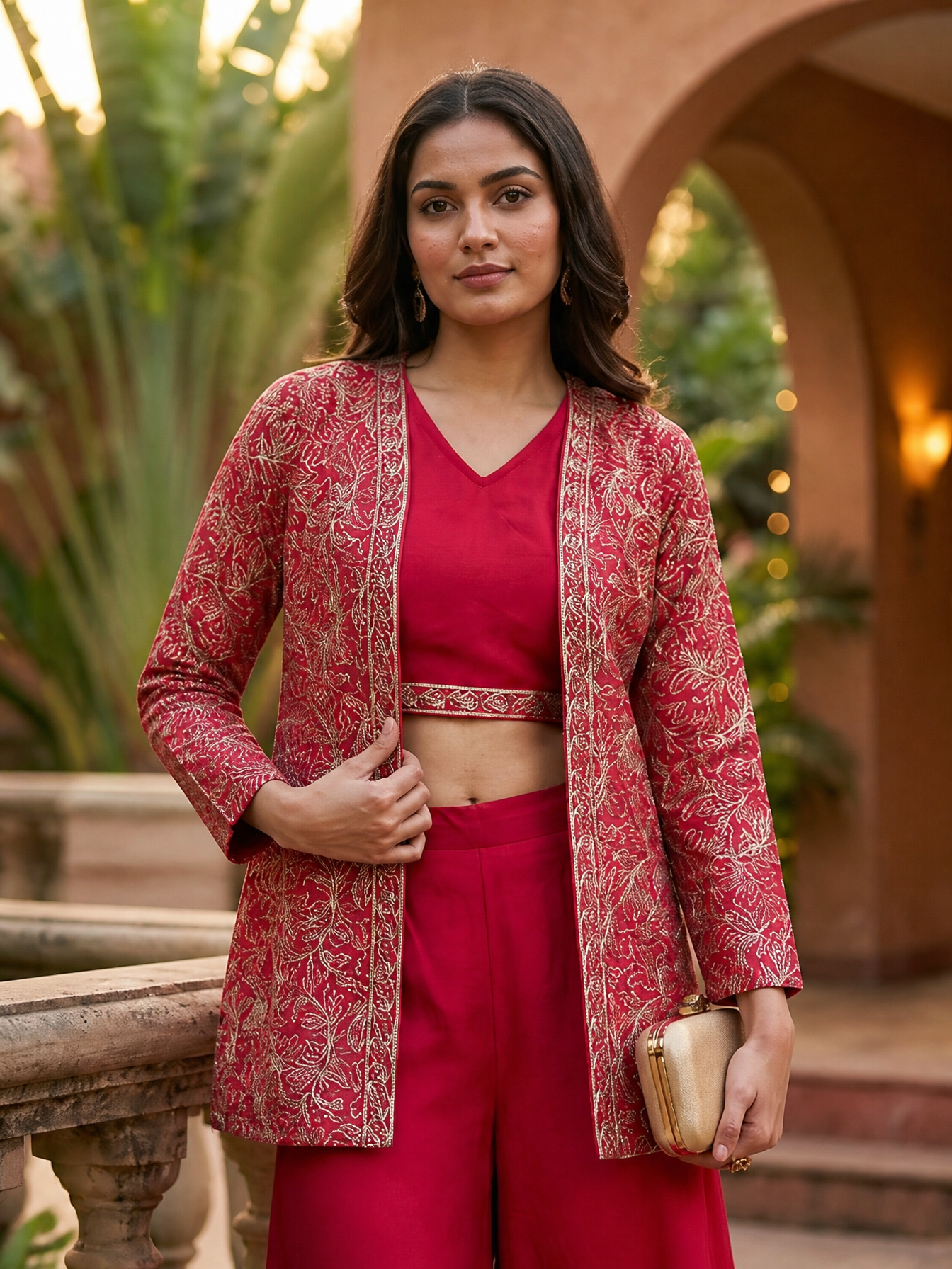 Embroidered Pink Ethnic Chanderi Silk Co-Ord Set for Women With Embroidered Jacket | Claura