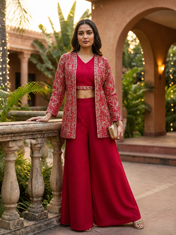 Embroidered Pink Ethnic Chanderi Silk Co-Ord Set for Women