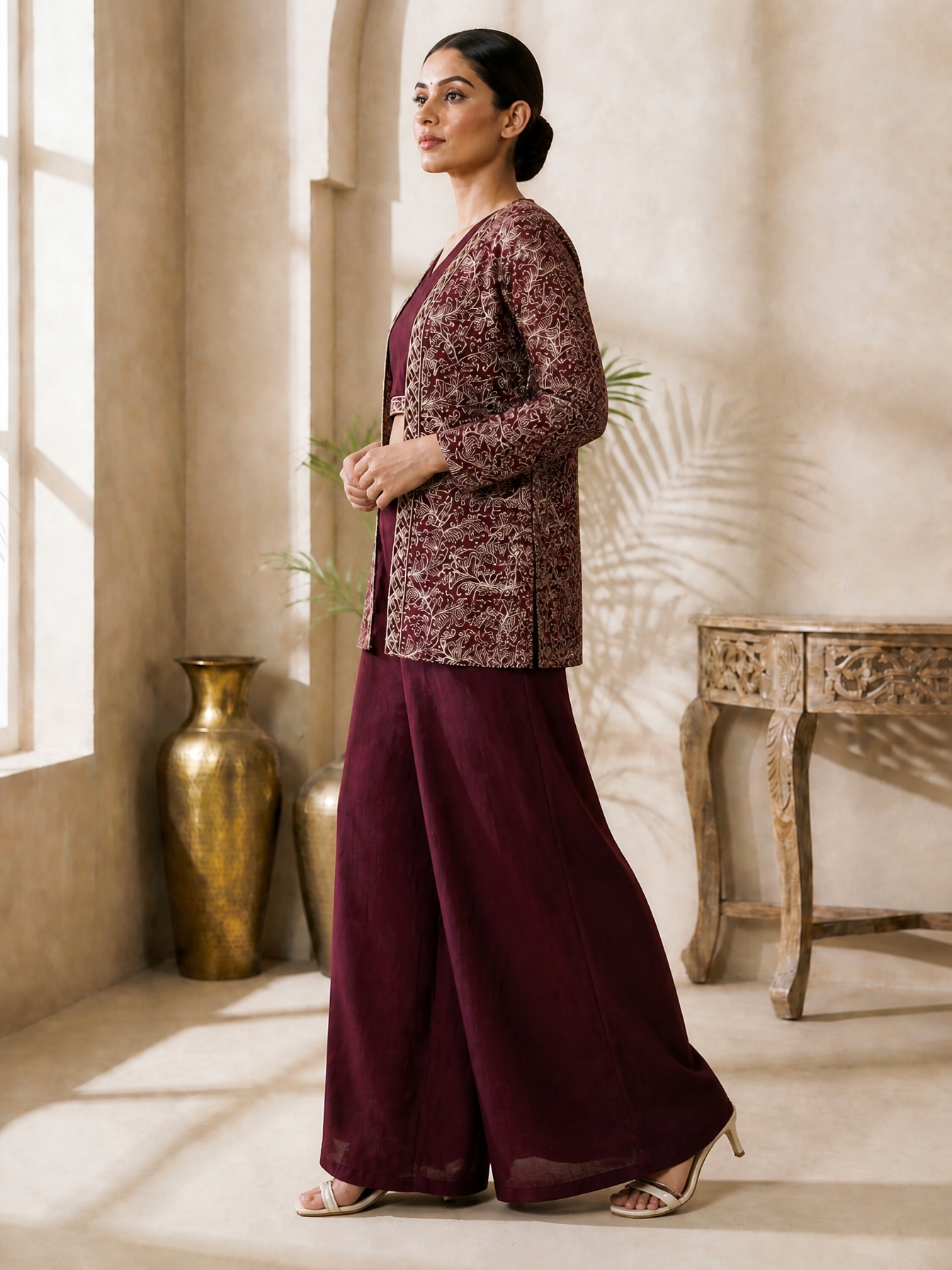Wine Ethnic Chanderi Silk Co-Ord Set for Women With embroidered jacket | Claura