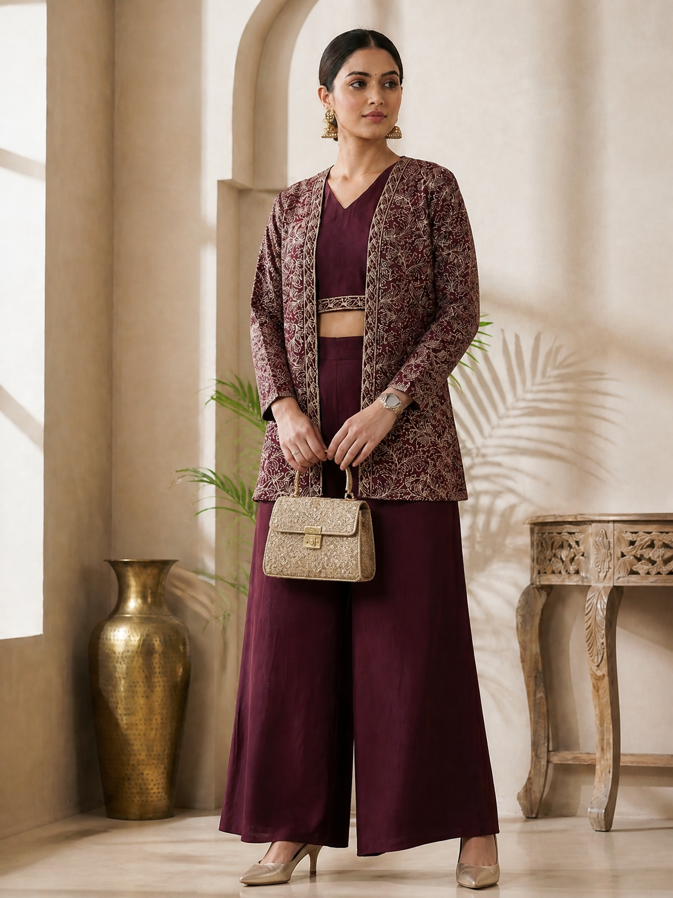 Wine Ethnic Chanderi Silk Co-Ord Set for Women With embroidered jacket | Claura