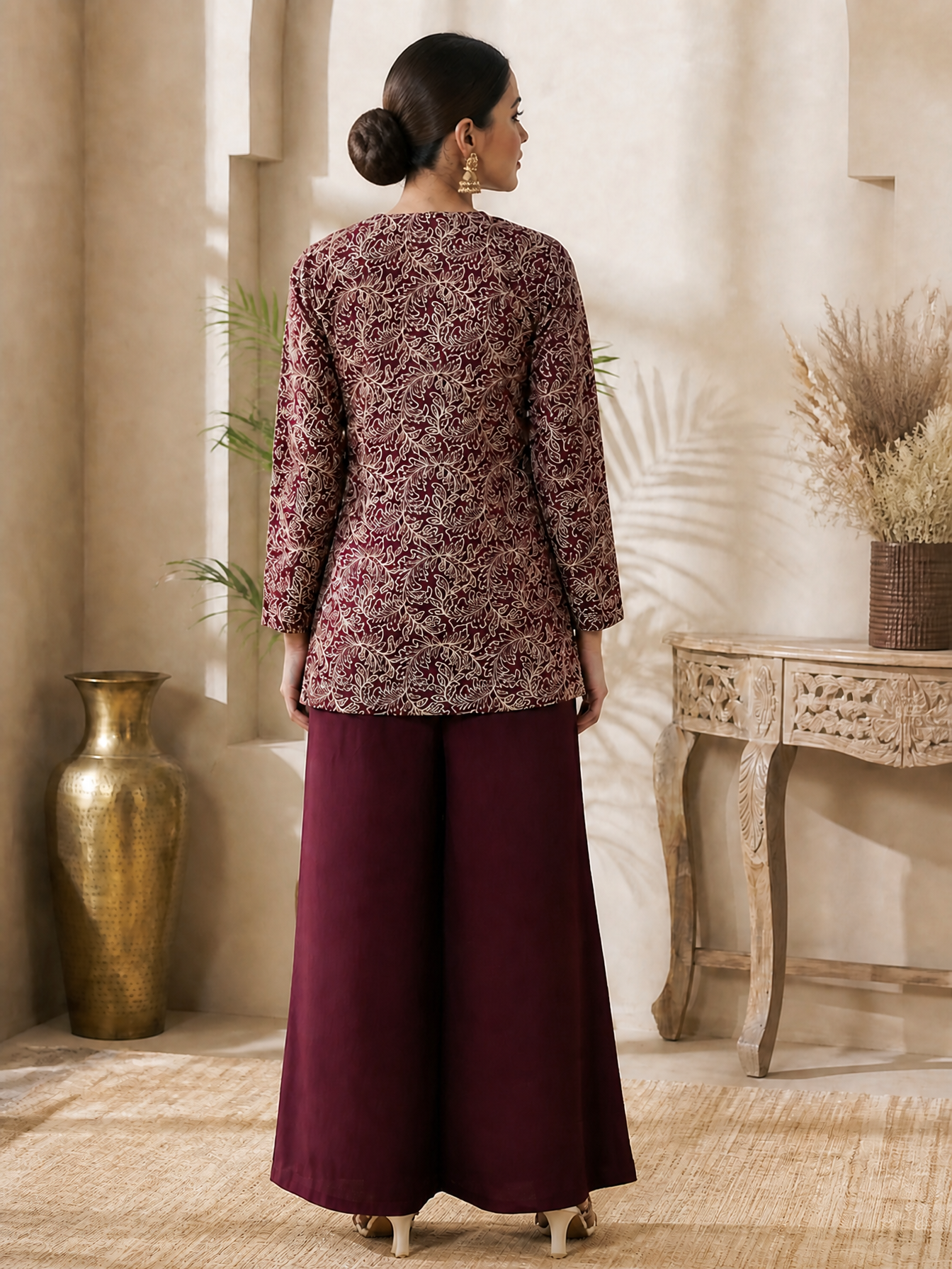 Wine Ethnic Chanderi Silk Co-Ord Set for Women With embroidered jacket | Claura
