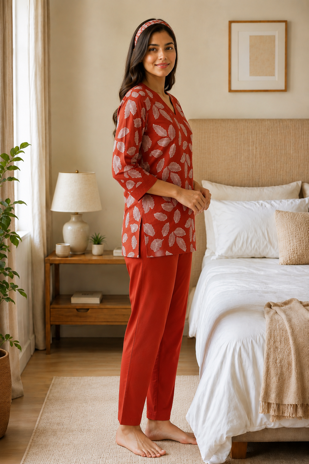 Orange Printed Leaf V-Neck Three-Quarter Sleeve Night Suit Set | Claura