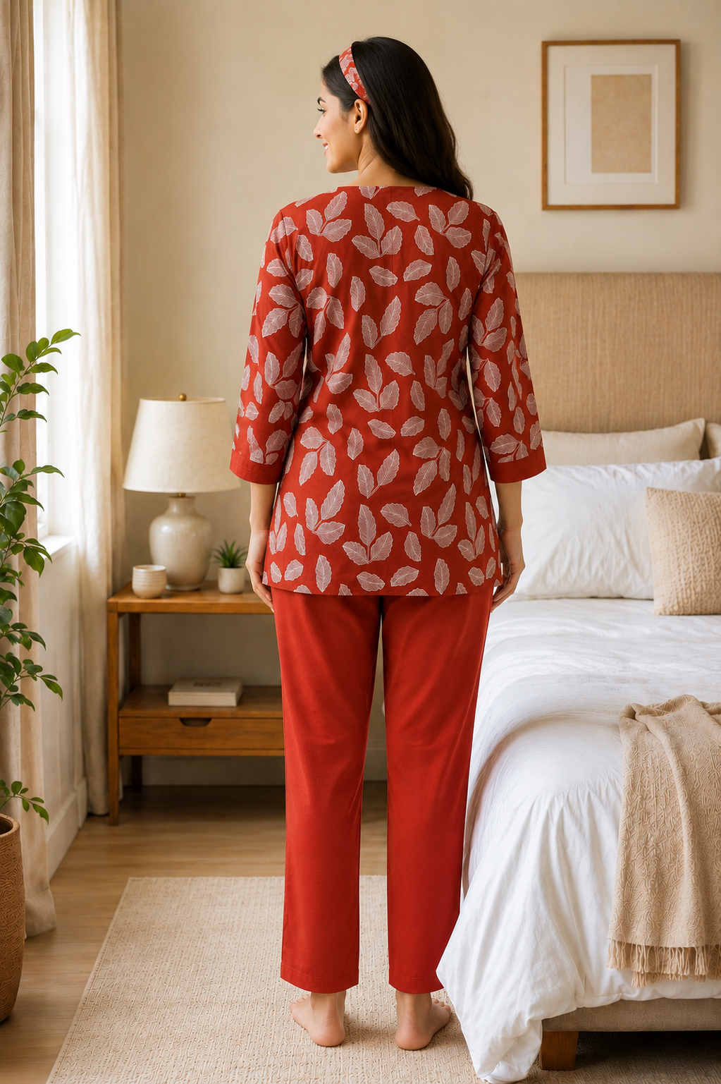 Orange Printed Leaf V-Neck Three-Quarter Sleeve Night Suit Set | Claura