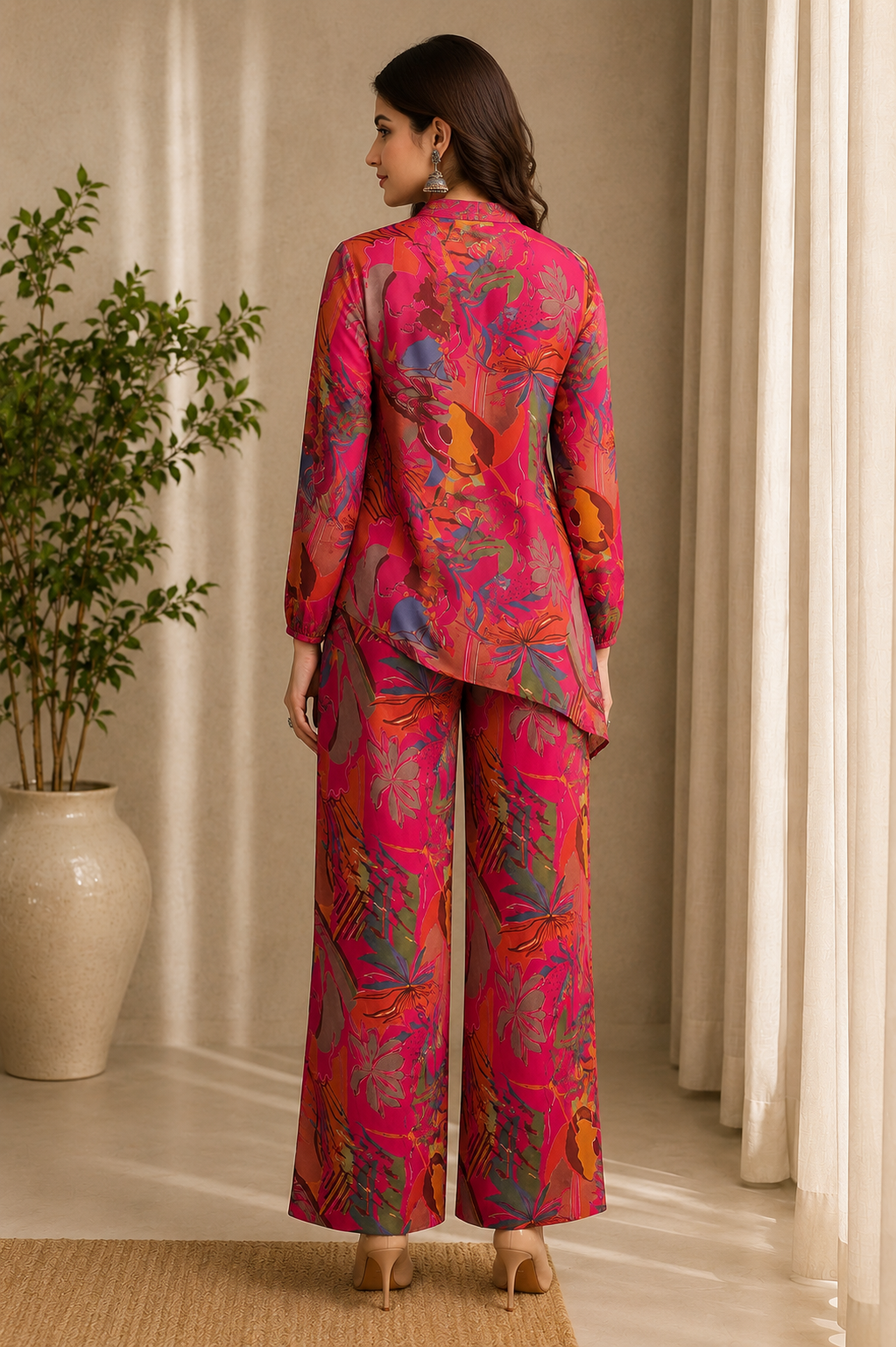 Pink Floral Printed Tunic Palazzo Ethnic Co-Ord Set for Women