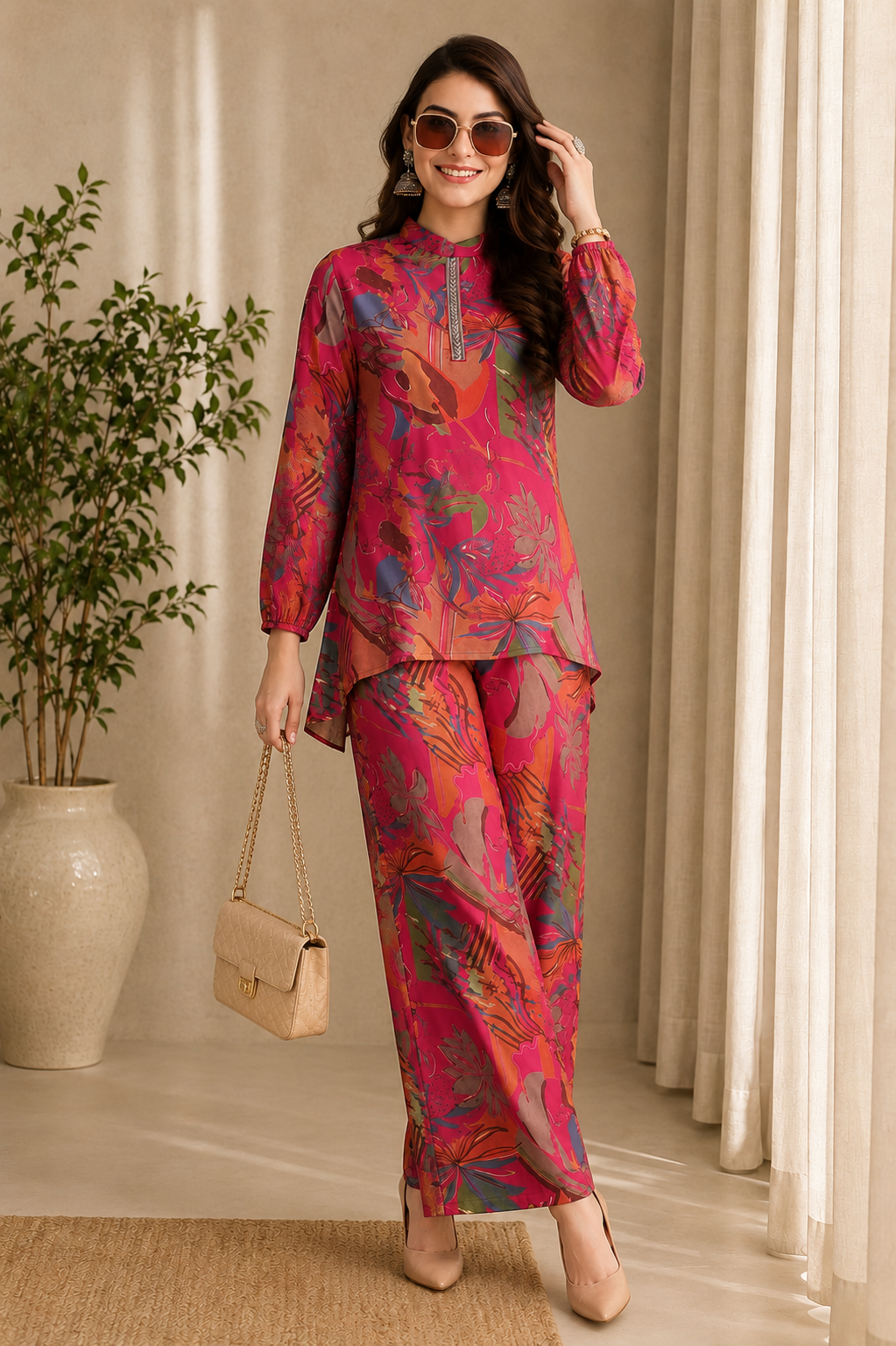 Pink Floral Printed Tunic Palazzo Ethnic Co-Ord Set for Women