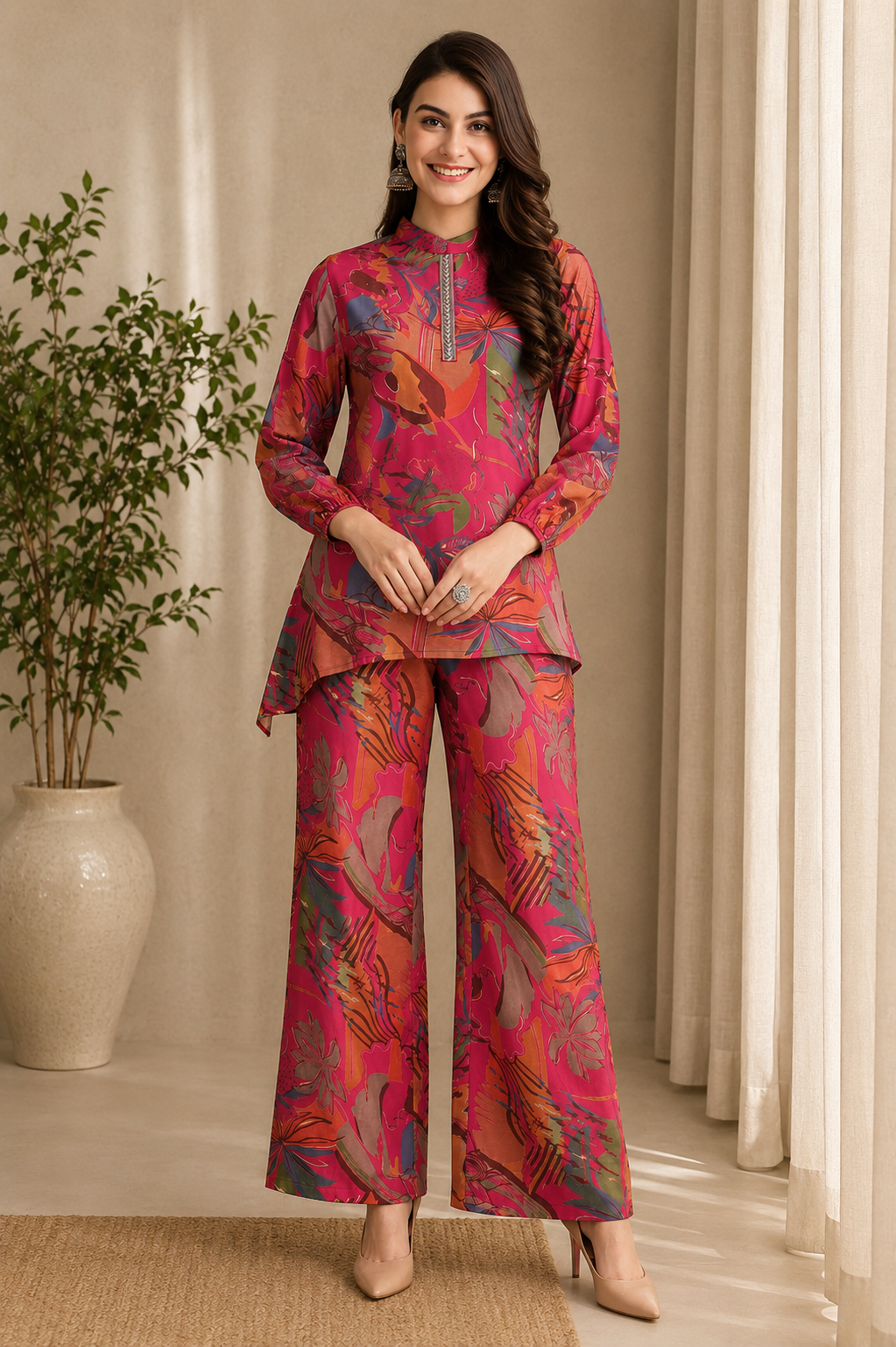 Pink Floral Printed Tunic Palazzo Ethnic Co-Ord Set for Women