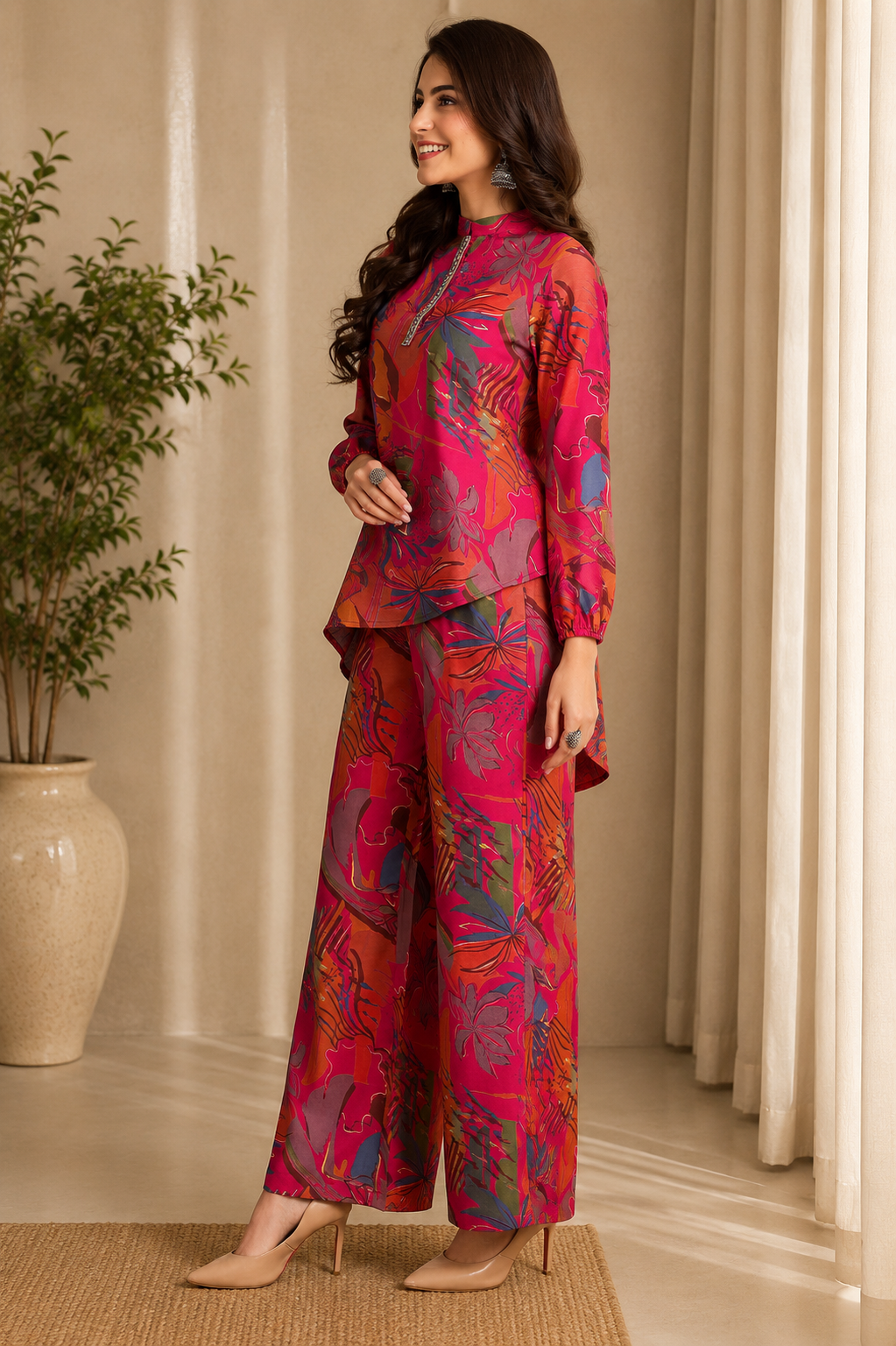 Pink Floral Printed Tunic Palazzo Ethnic Co-Ord Set for Women