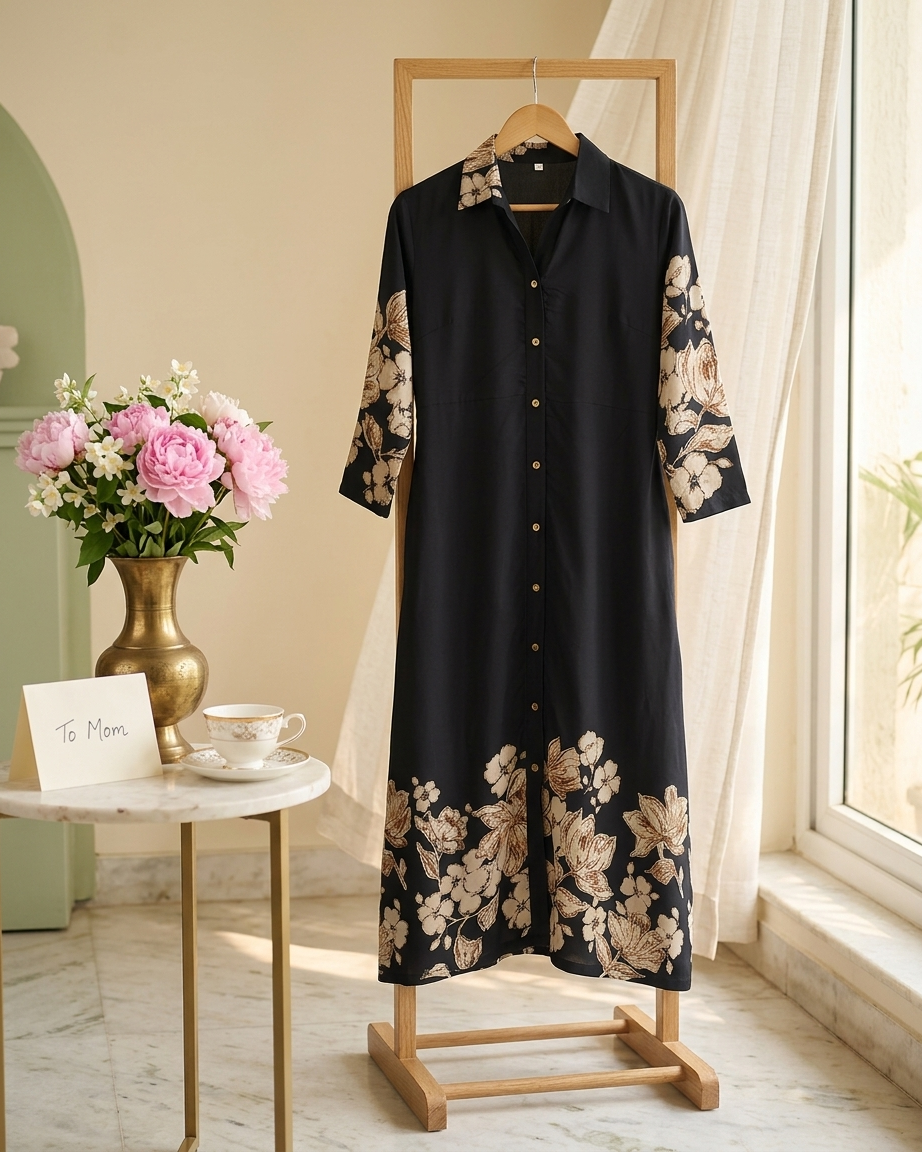Black Floral Printed Chanderi Silk A-Line Dress for Women | Claura
