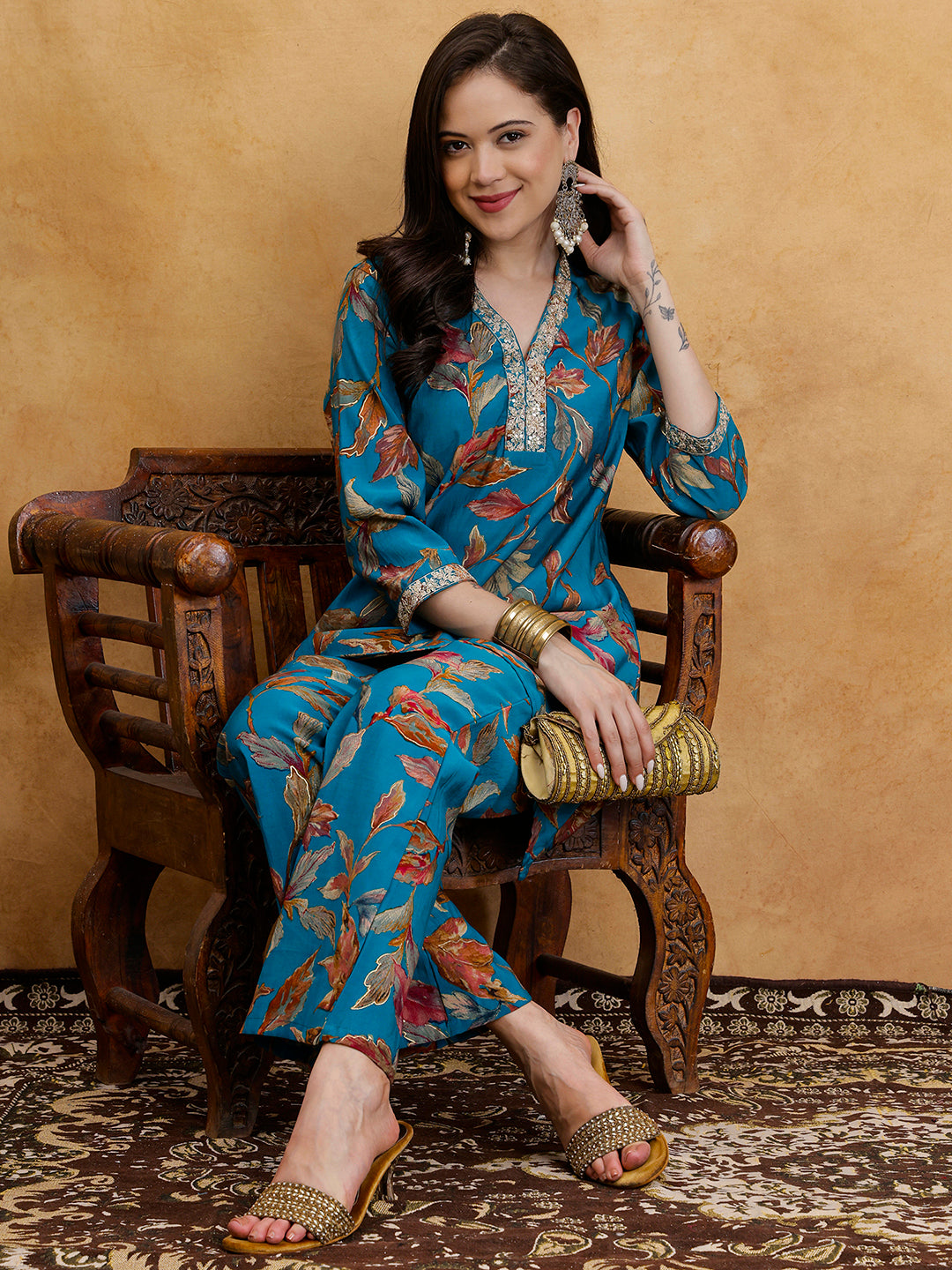 Blue Floral Printed V-Neck Tunic with Printed Trousers Co-Ord Set