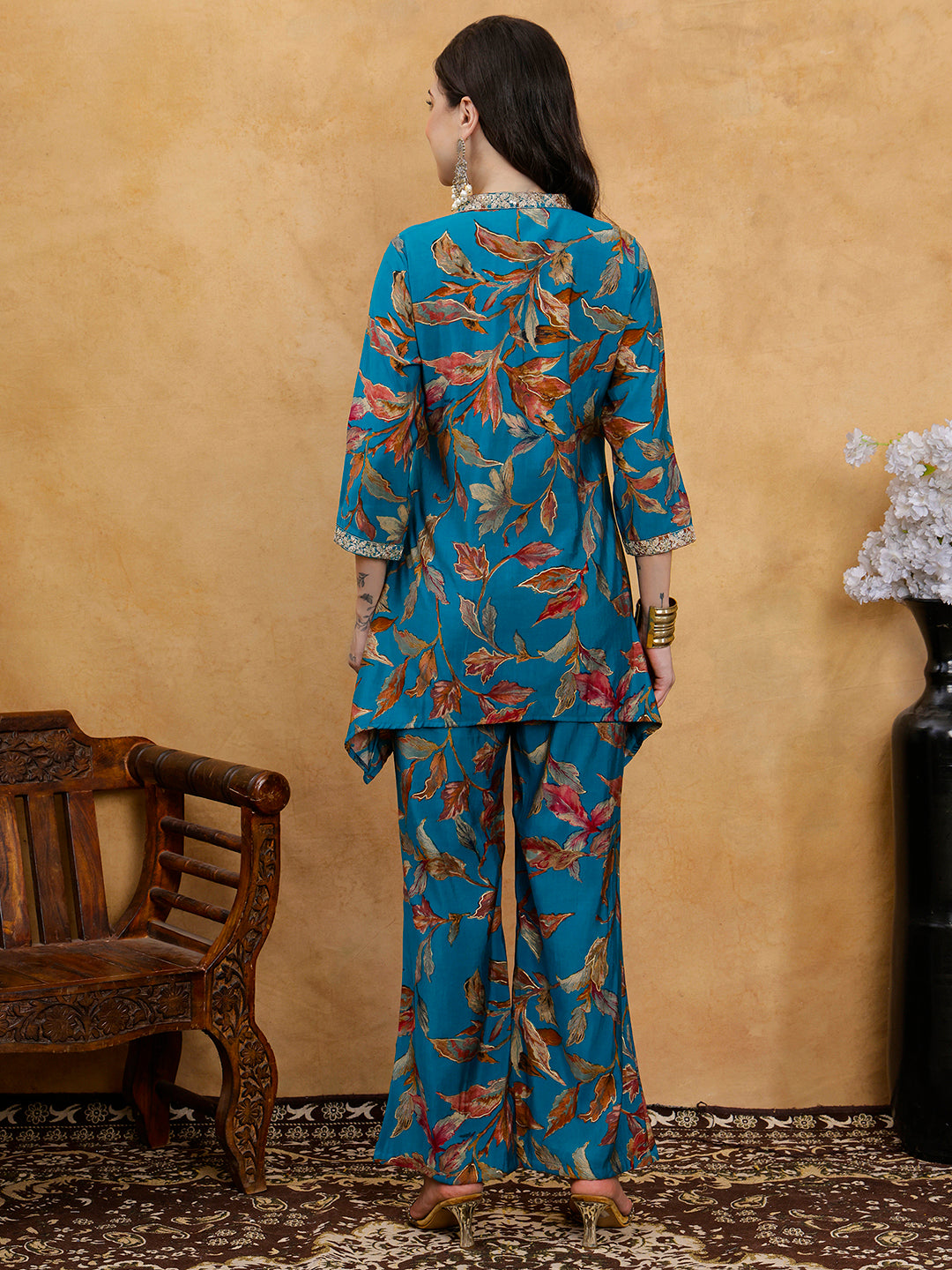 Blue Floral Printed V-Neck Tunic with Printed Trousers Co-Ord Set
