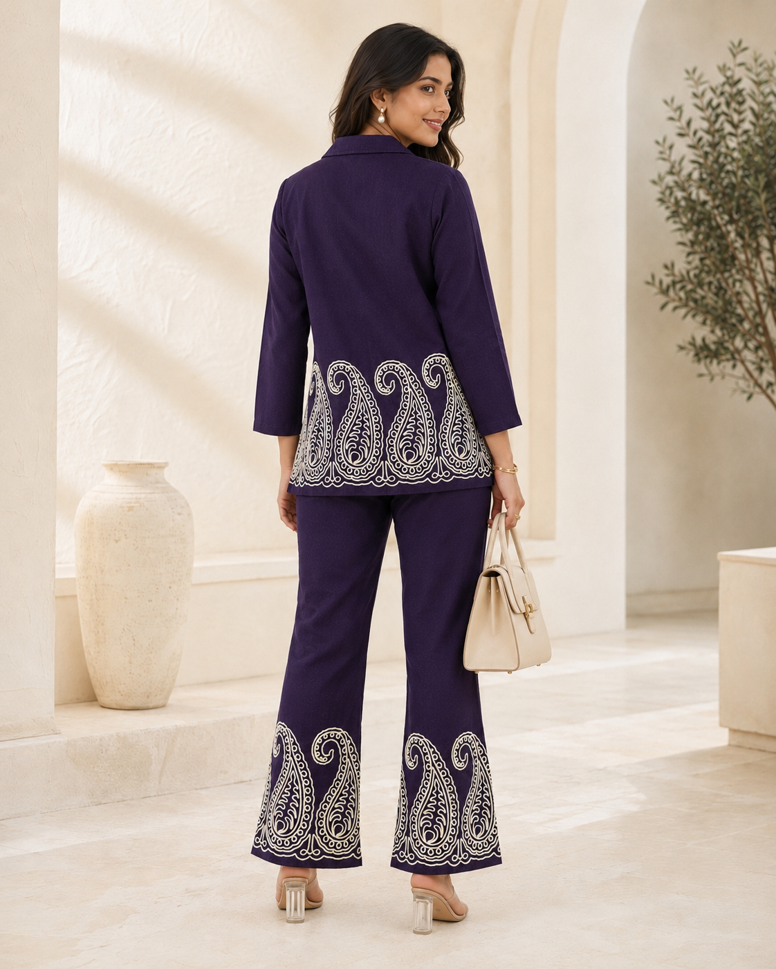 Purple Embroidered Linen Shirt & Trousers Co-Ord Set | Claura