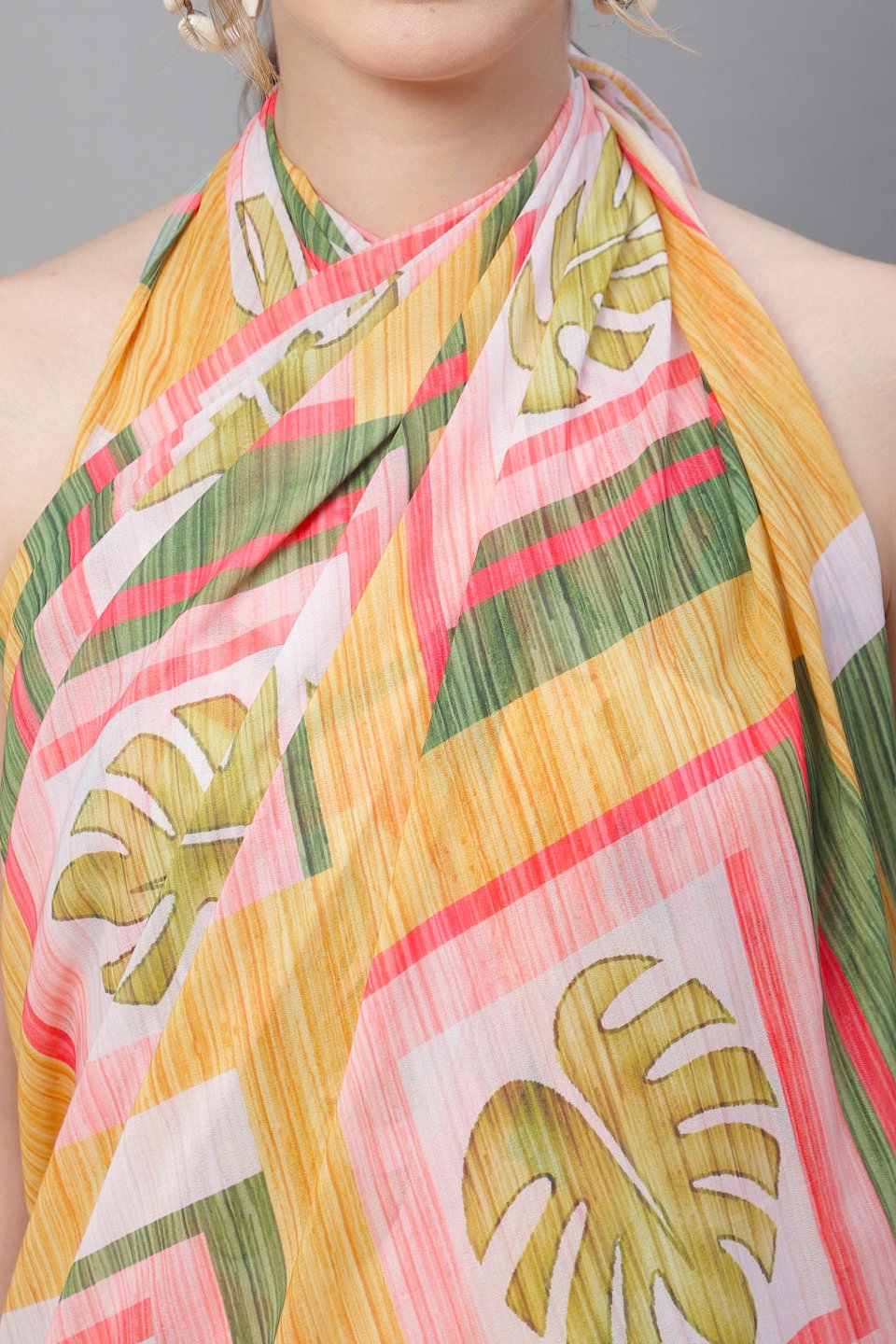 Yellow Color Tropical Printed Georgette Beachwear Cover Up Sarong Claura Designs Pvt. Ltd. Sarong Beachwear, Free Size, Georgette, Sarong, Swimwear, tropical, Yellow