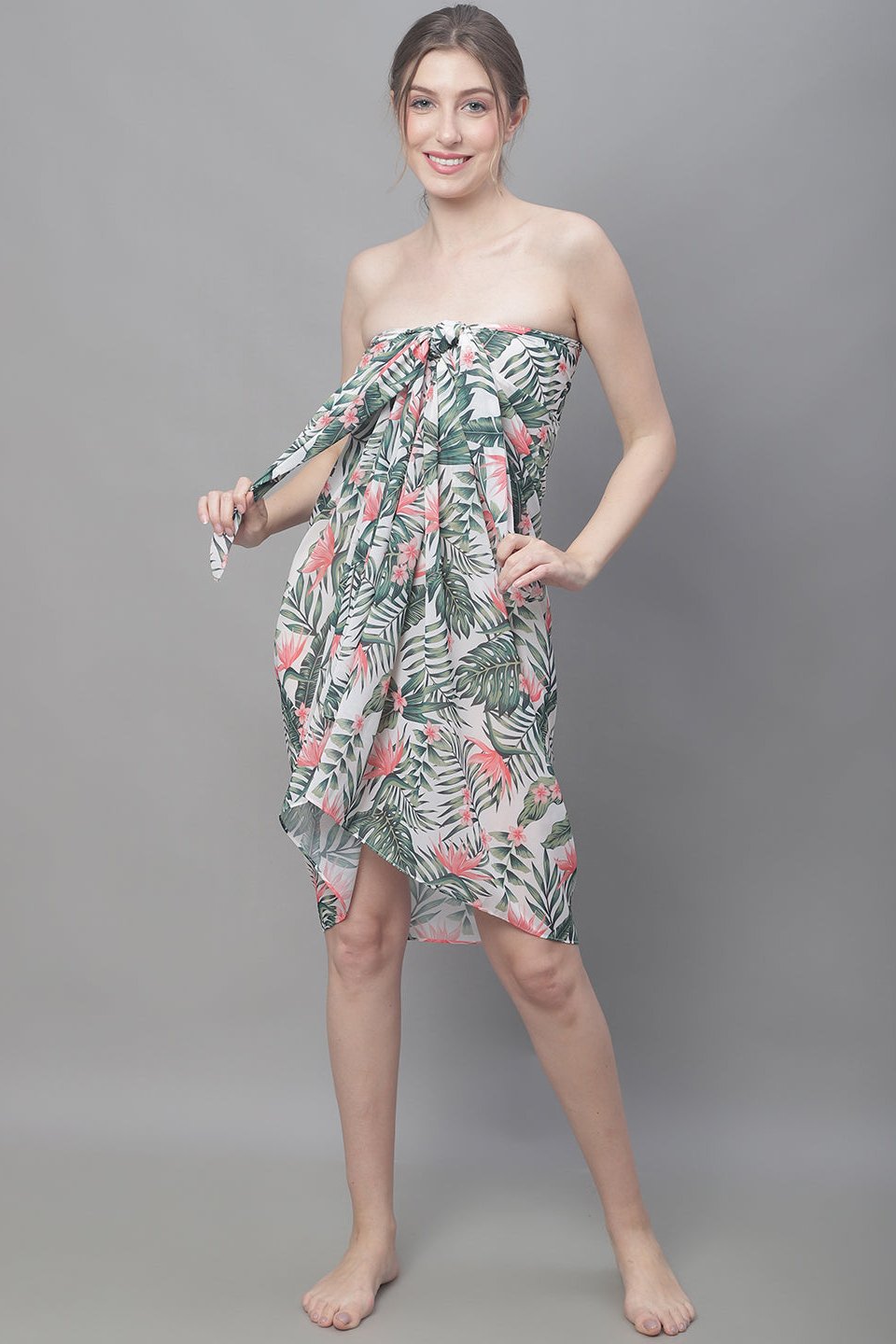 Woman wearing White Green Tropical Beach Dress for Women