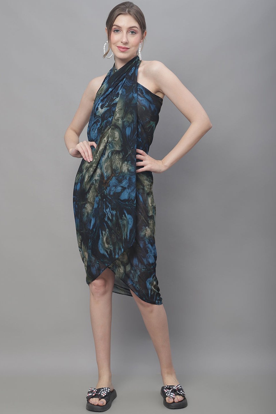 Woman wearing Blue Abstract Print Beach Dress for Women