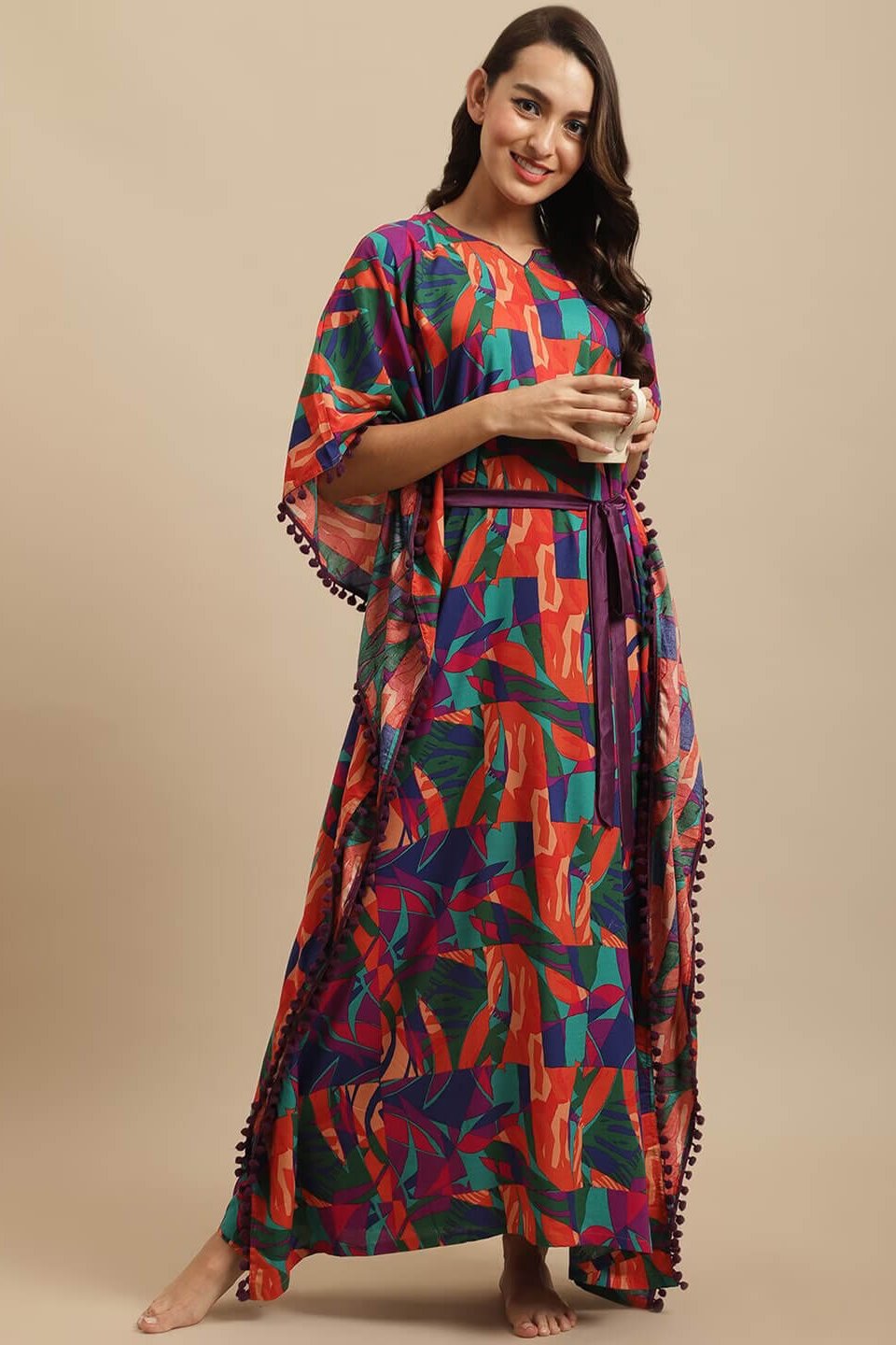 Multicolor Floral Printed Viscose Rayon Kaftan For Woman Claura Designs Pvt. Ltd. Kaftan Floral, kaftan, Kaftan_allsizes, multi color, Nightdress, Printed, Rayon, Sleepwear, V-Neck