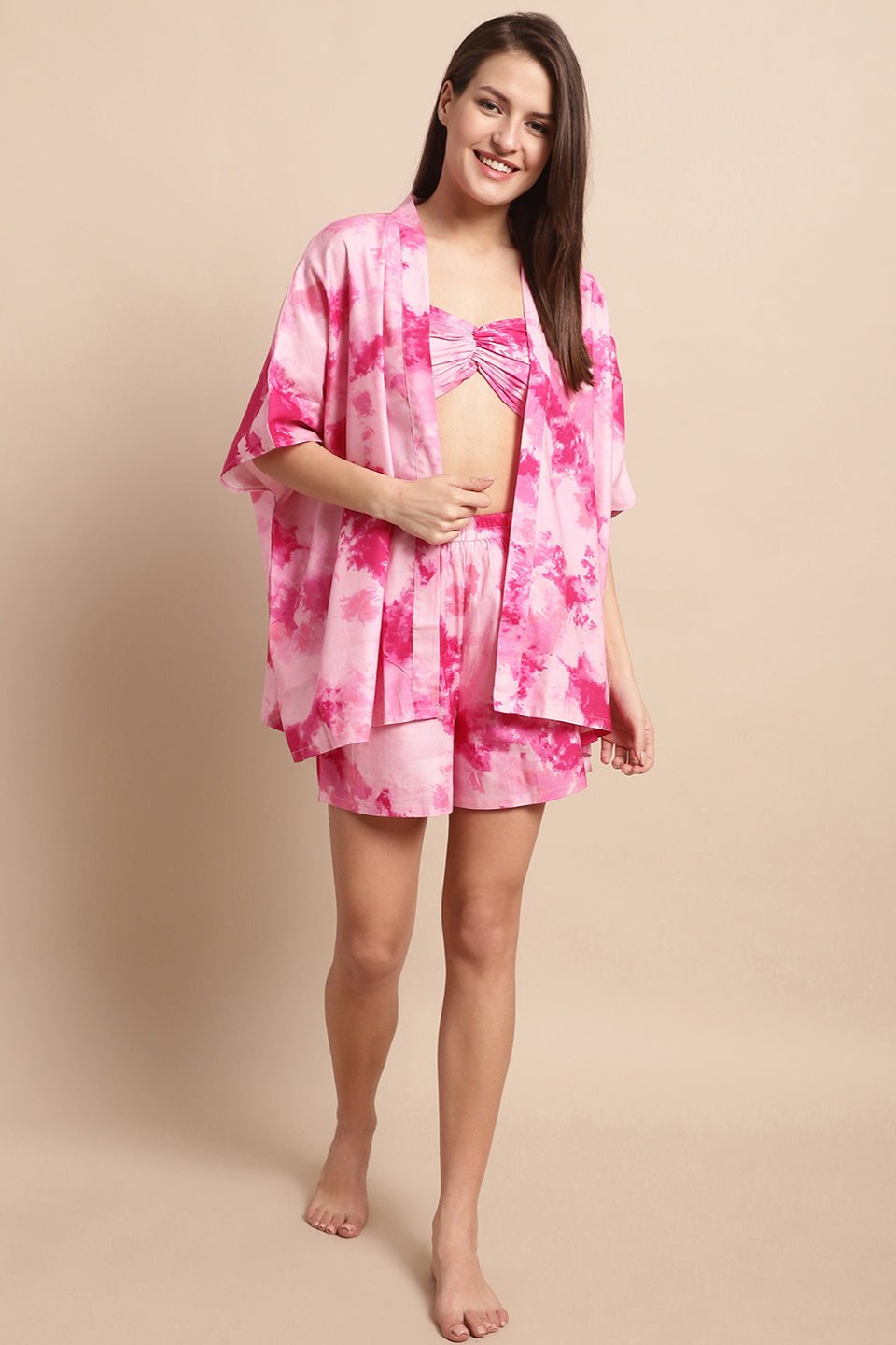 Pink Color Tie and Dye Printed Viscose Rayon 3 Pcs Cover up With Robe Beachwear Set For Women Claura Designs Pvt. Ltd. Beachwear Beachwear, Beachwear_size, Coverup, Pink, Swimwear, tie and dye